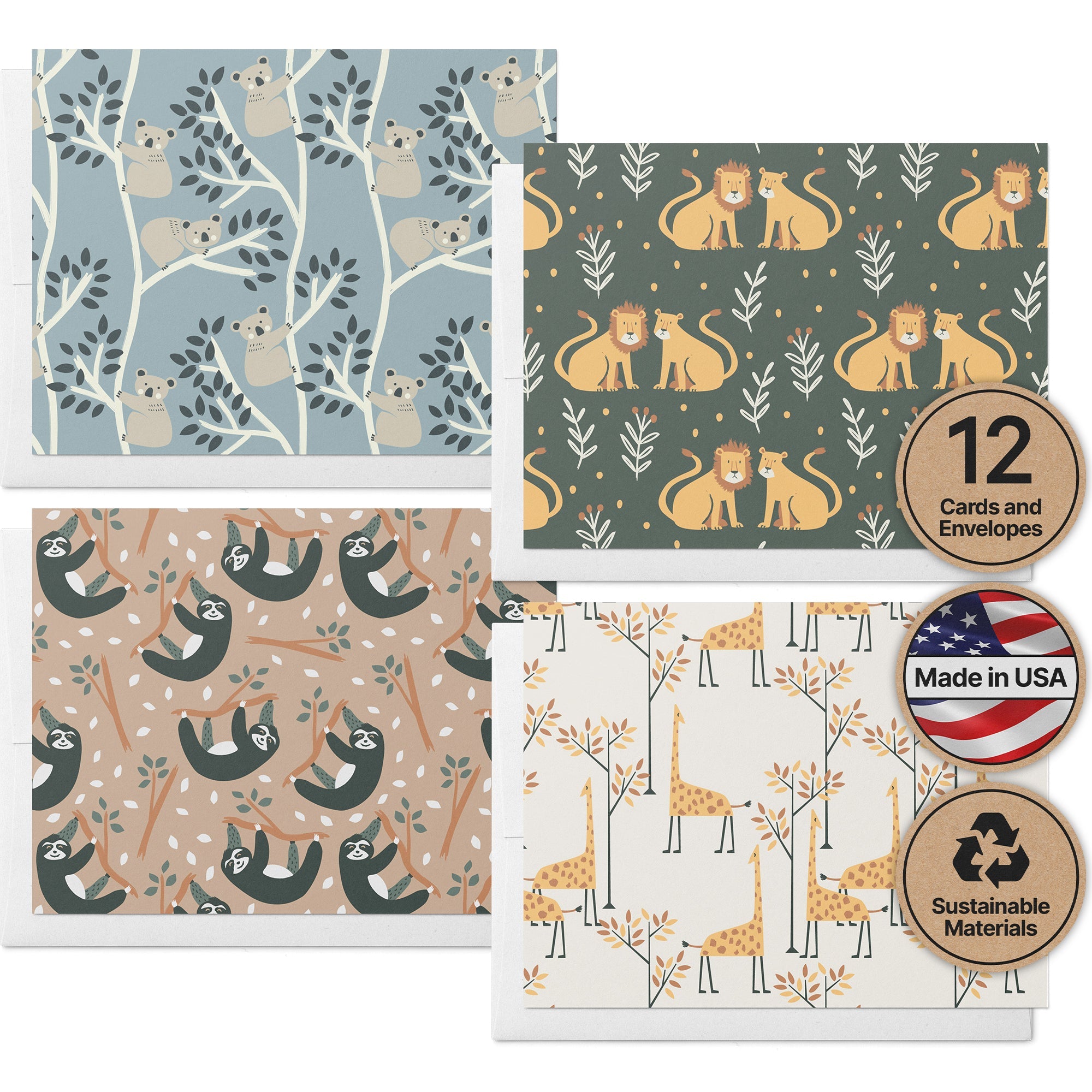 Animal Kingdom Kids Greeting Cards with Envelopes - Set of 12