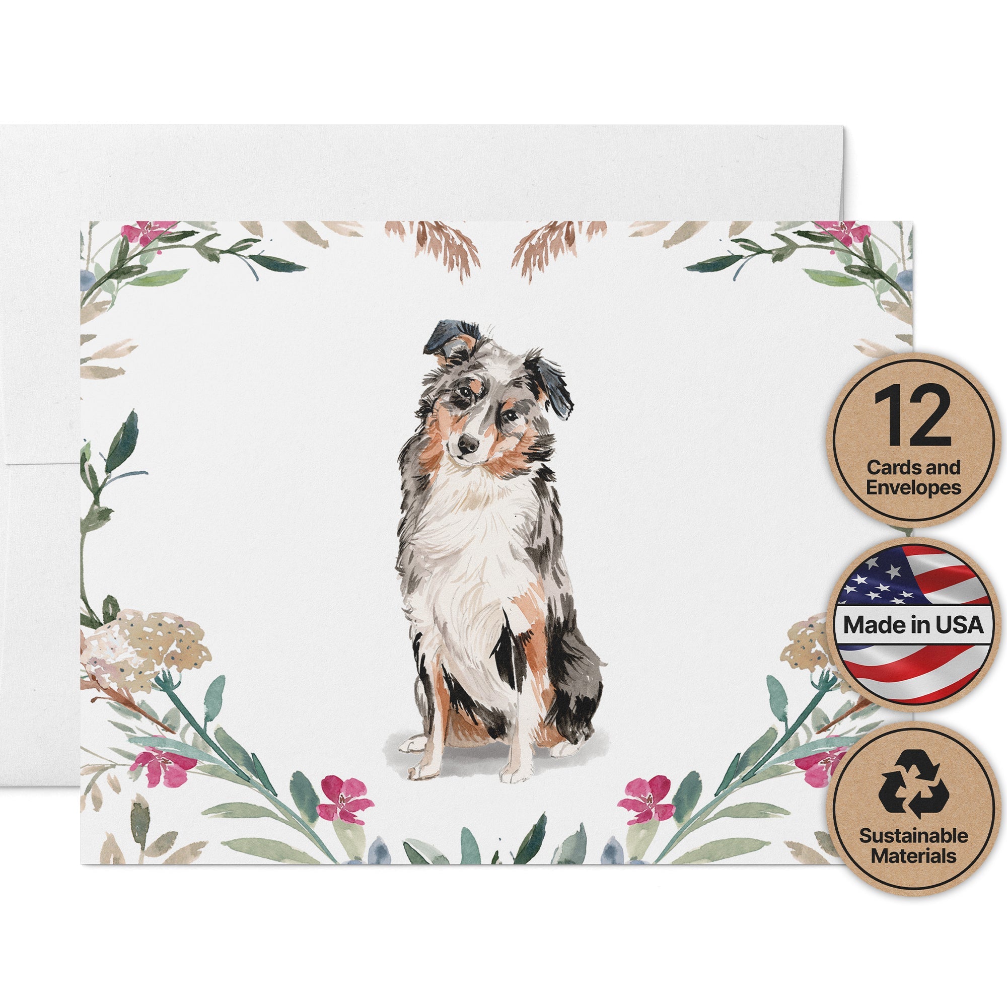 Australian Shepherd Watercolor Dog Greeting Cards with Envelopes - Set of 12