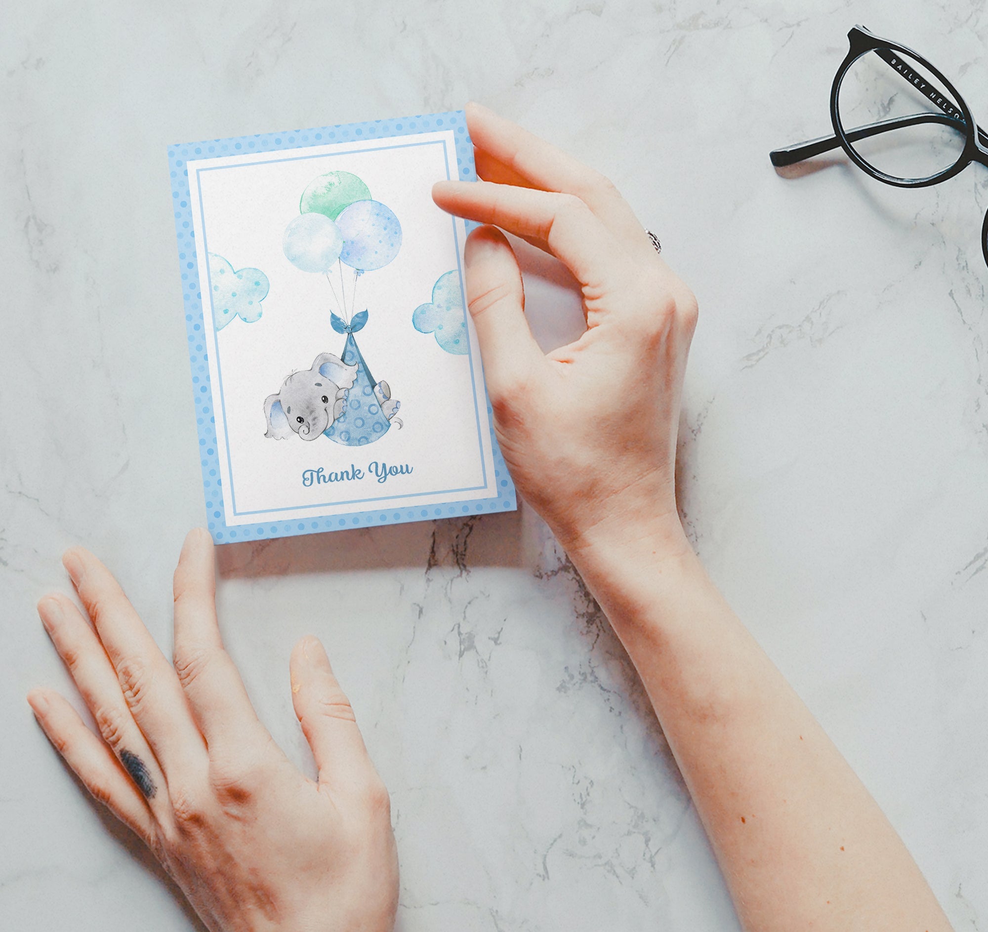 Baby Boy Elephant Baby Shower Thank You Cards with Envelopes - Set of 12