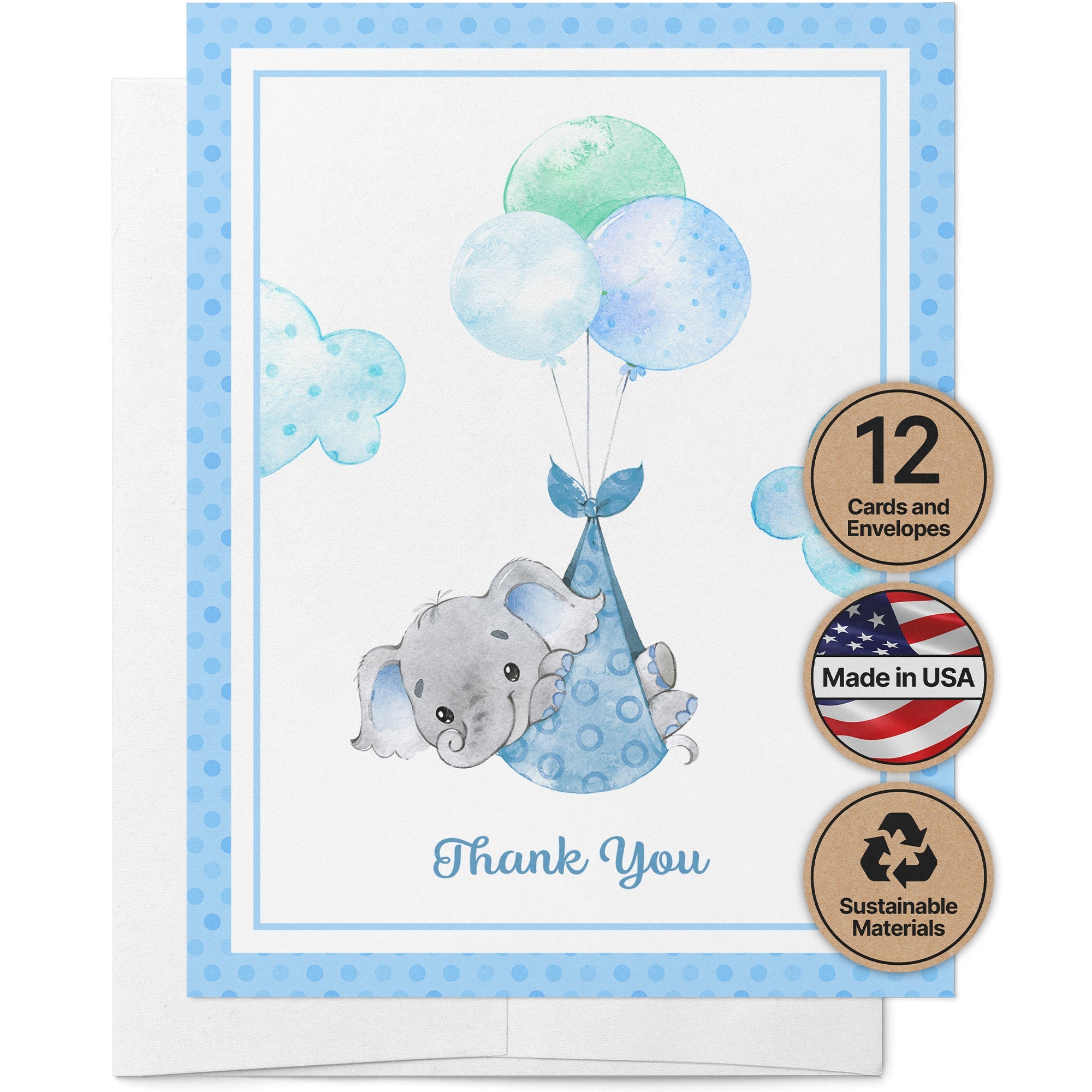 Baby Boy Elephant Baby Shower Thank You Cards with Envelopes - Set of 12