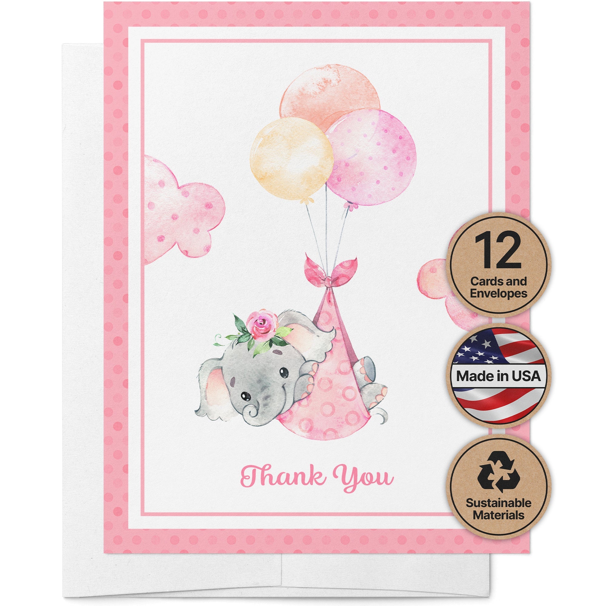 Baby Girl Elephant Baby Shower Thank You Cards with Envelopes - Set of 12