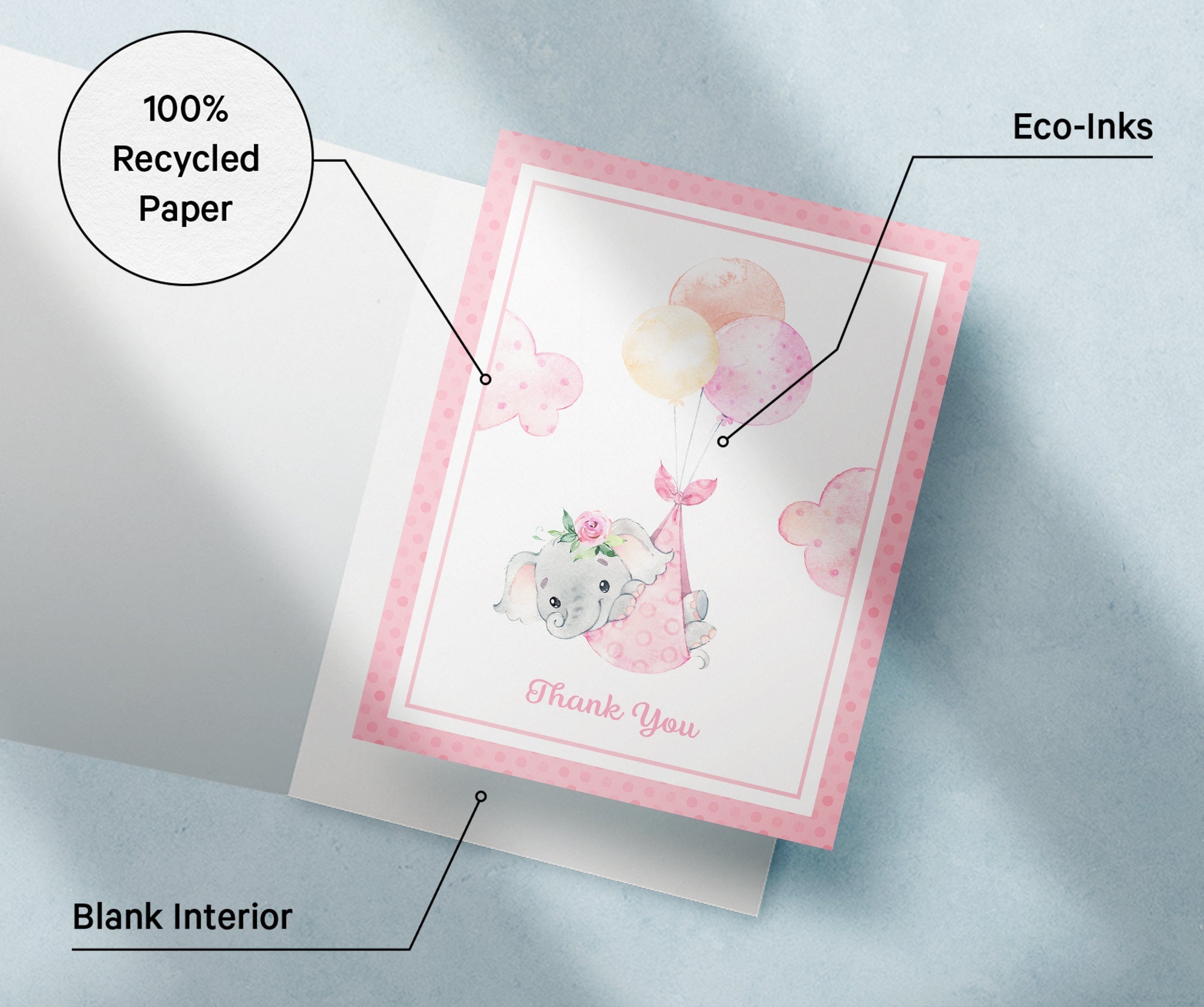 Baby Girl Elephant Baby Shower Thank You Cards with Envelopes - Set of 12