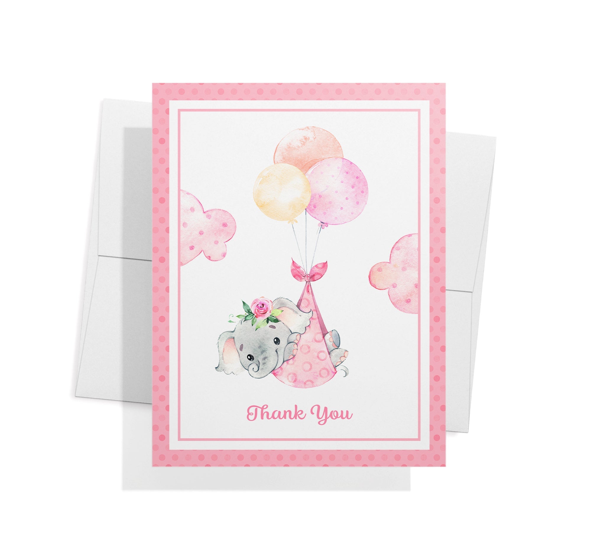 Baby Girl Elephant Baby Shower Thank You Cards with Envelopes - Set of 12
