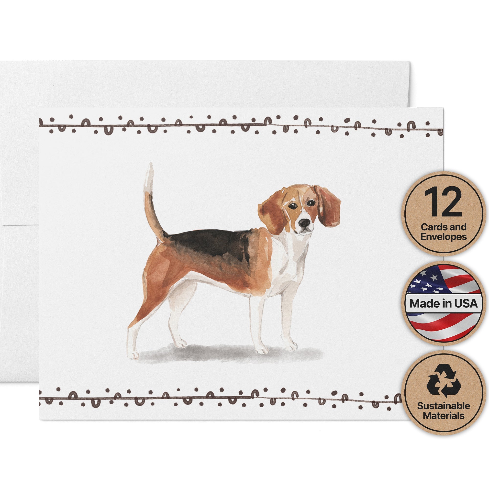 Beagle Watercolor Dog Greeting Cards with Envelopes - Set of 12