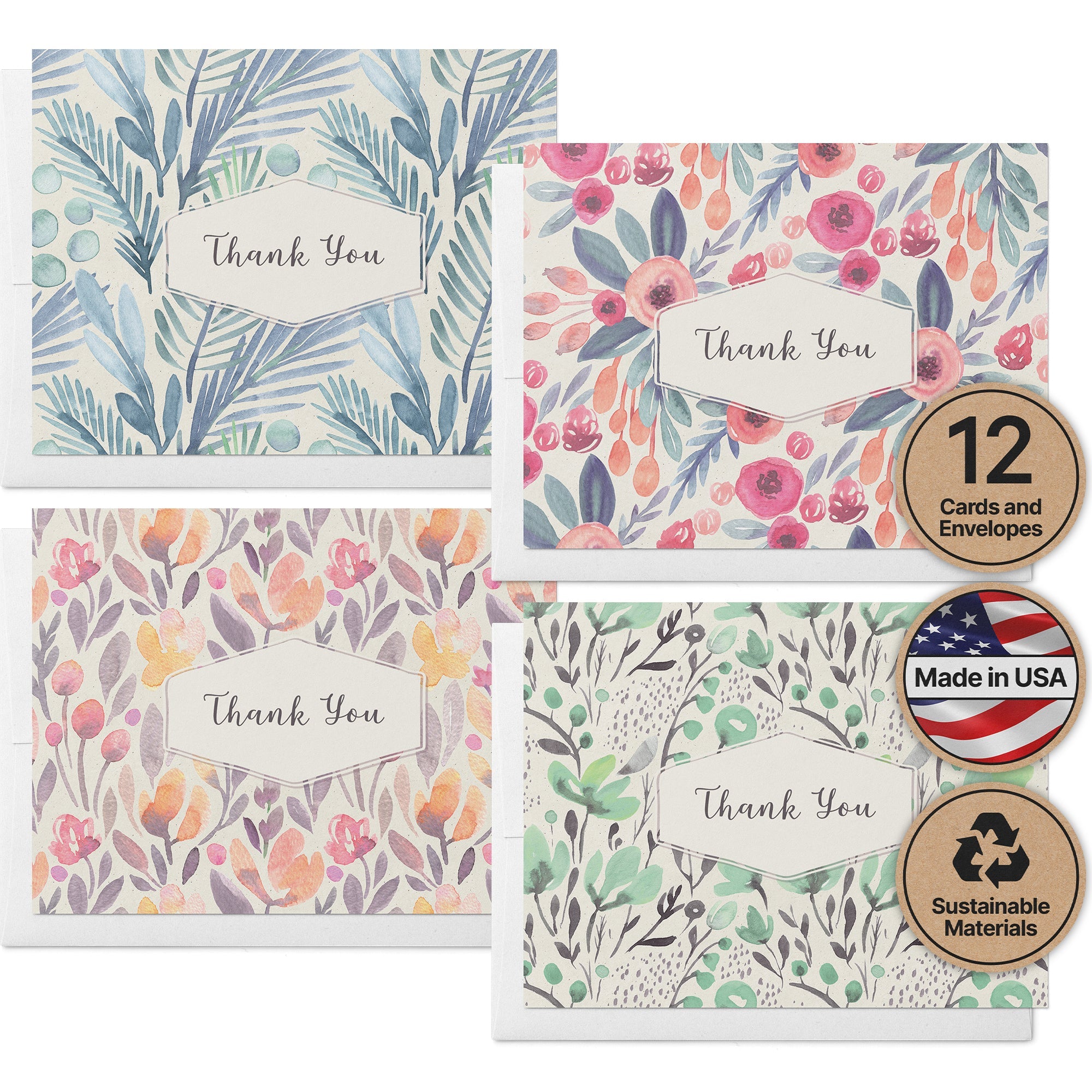 Blossom Bliss Watercolor Flower Thank You Cards with Envelopes - Set of 12