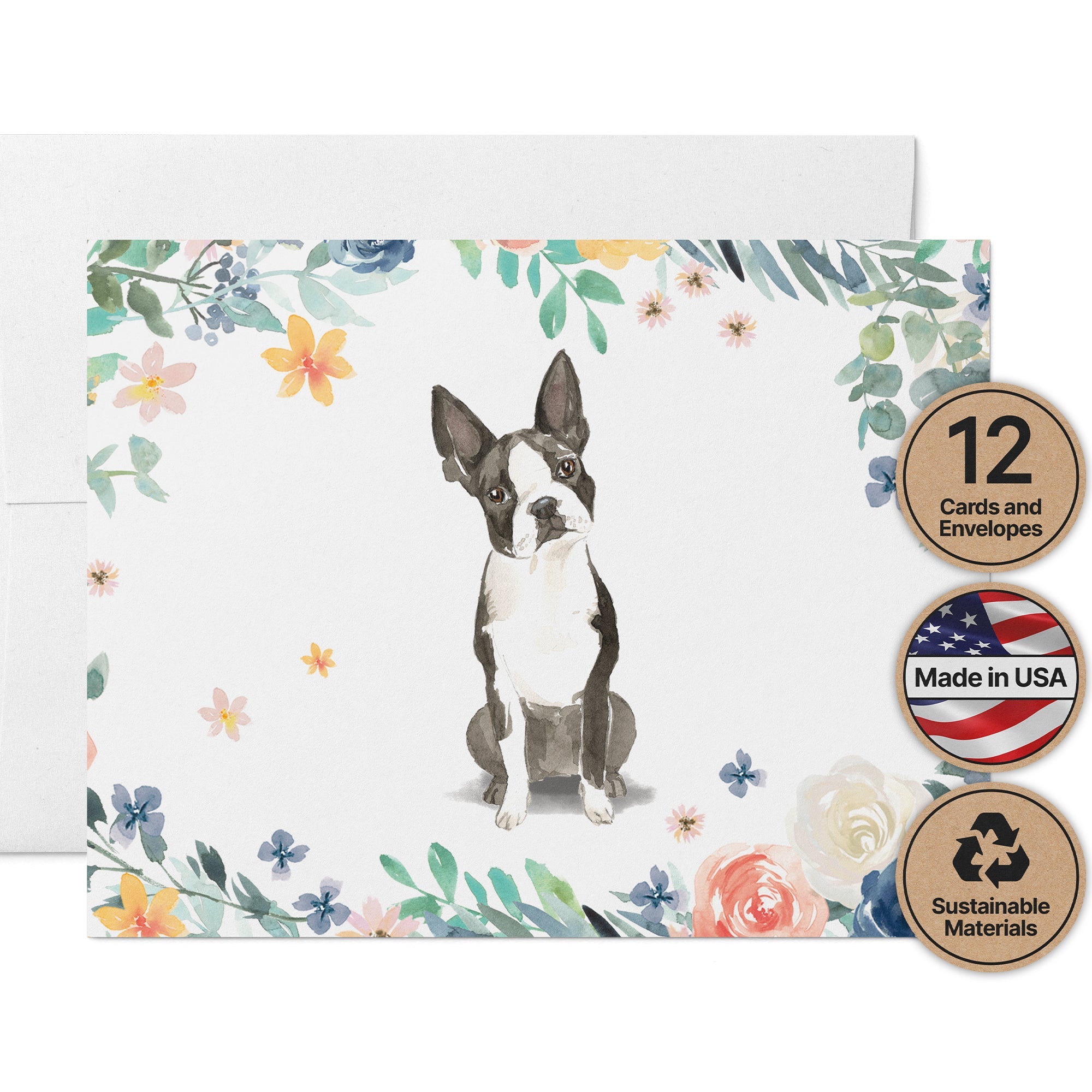 Boston Terrier Watercolor Dog Greeting Cards with Envelopes - Set of 12