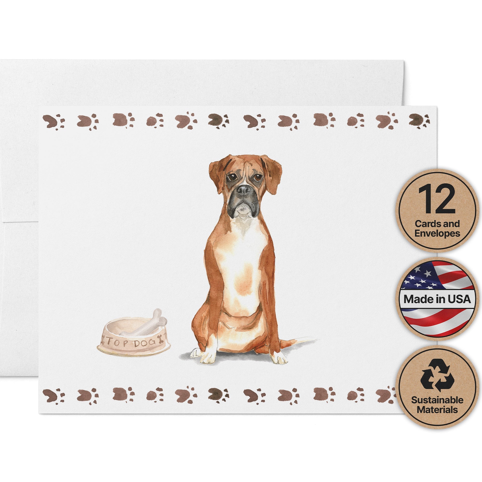 Boxer Dog Watercolor Greeting Cards with Envelopes - Set of 12