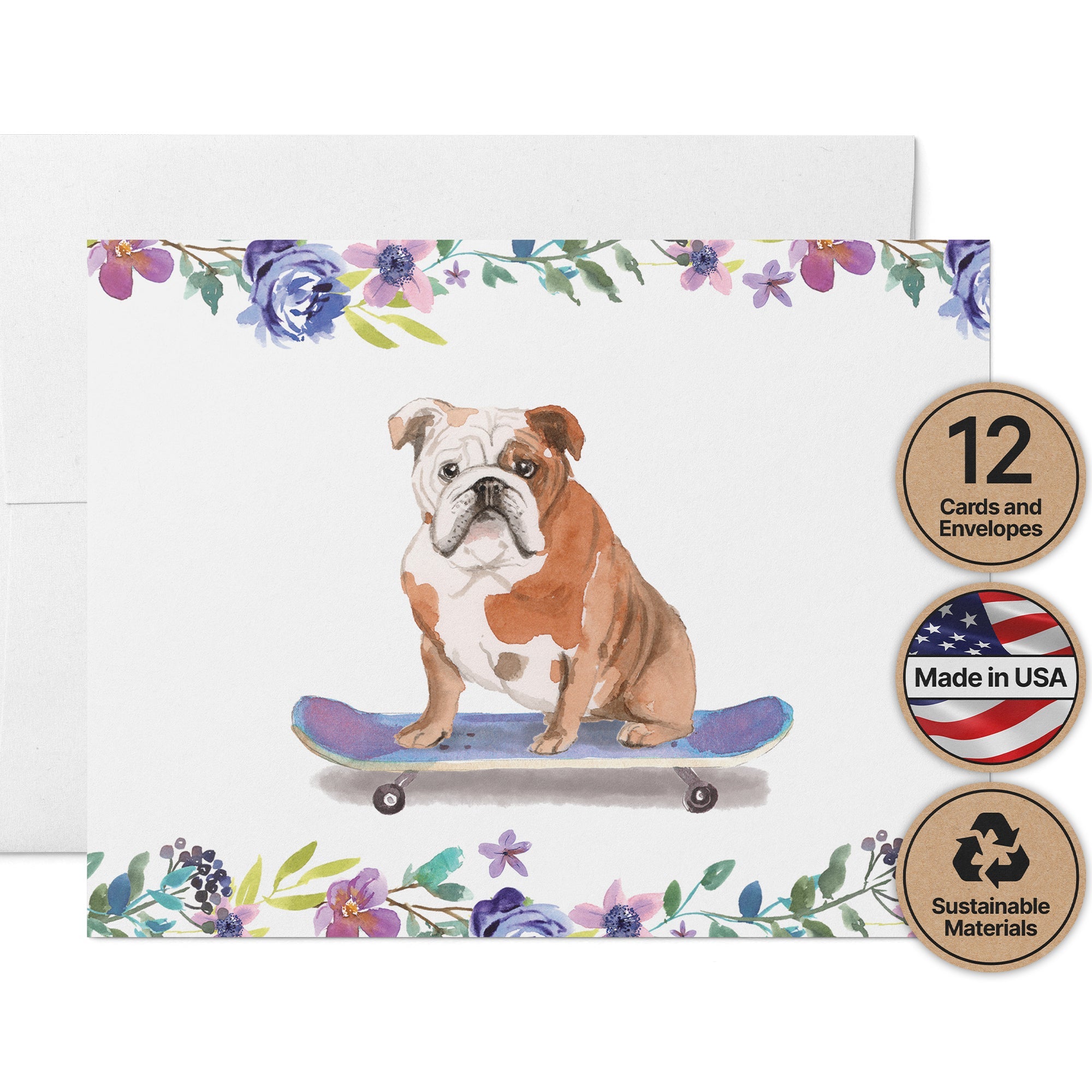 English Bulldog Watercolor Dog Greeting Cards with Envelopes - Set of 12