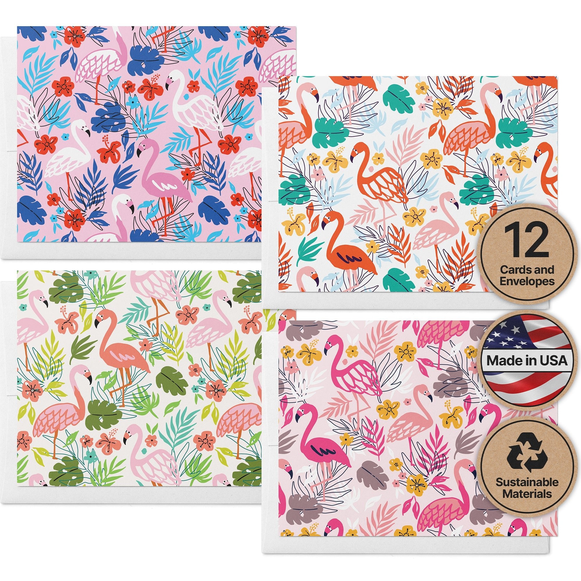 Flamingo Flair Tropical Greeting Cards with Envelopes - Set of 12