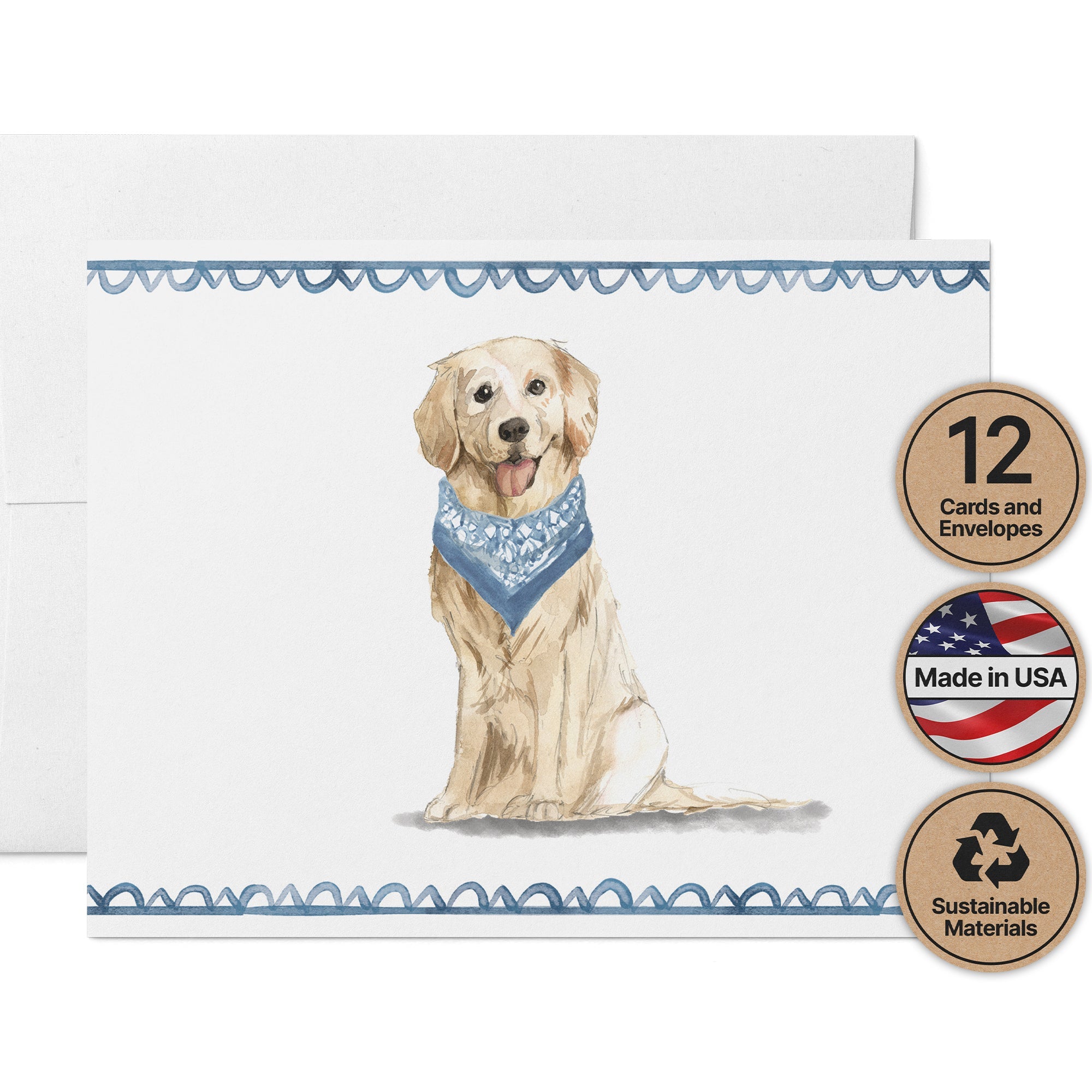 Golden Retriever Watercolor Dog Greeting Cards with Envelopes - Set of 12