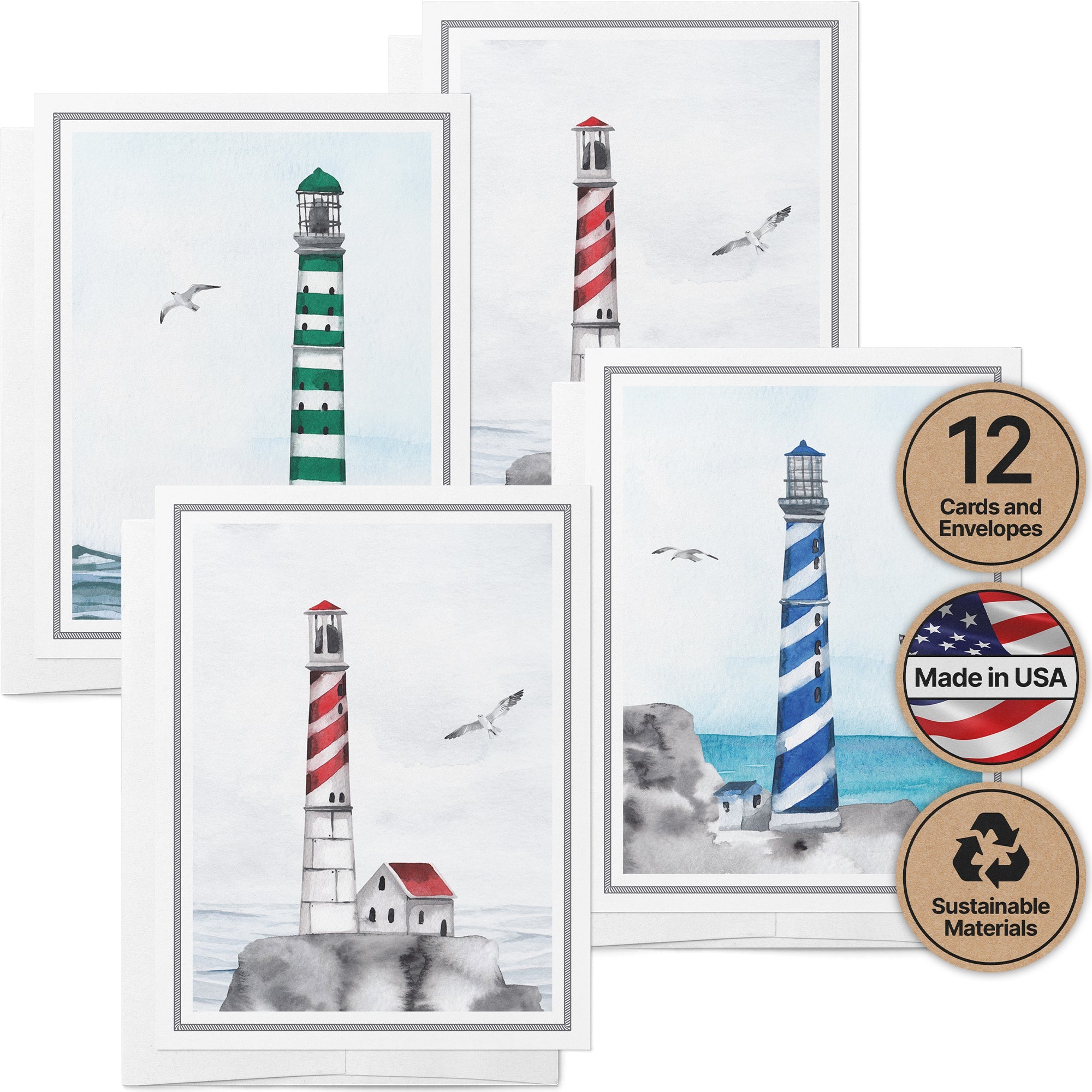 Guiding Lights Lighthouse Sympathy Cards with Envelopes - Set of 12