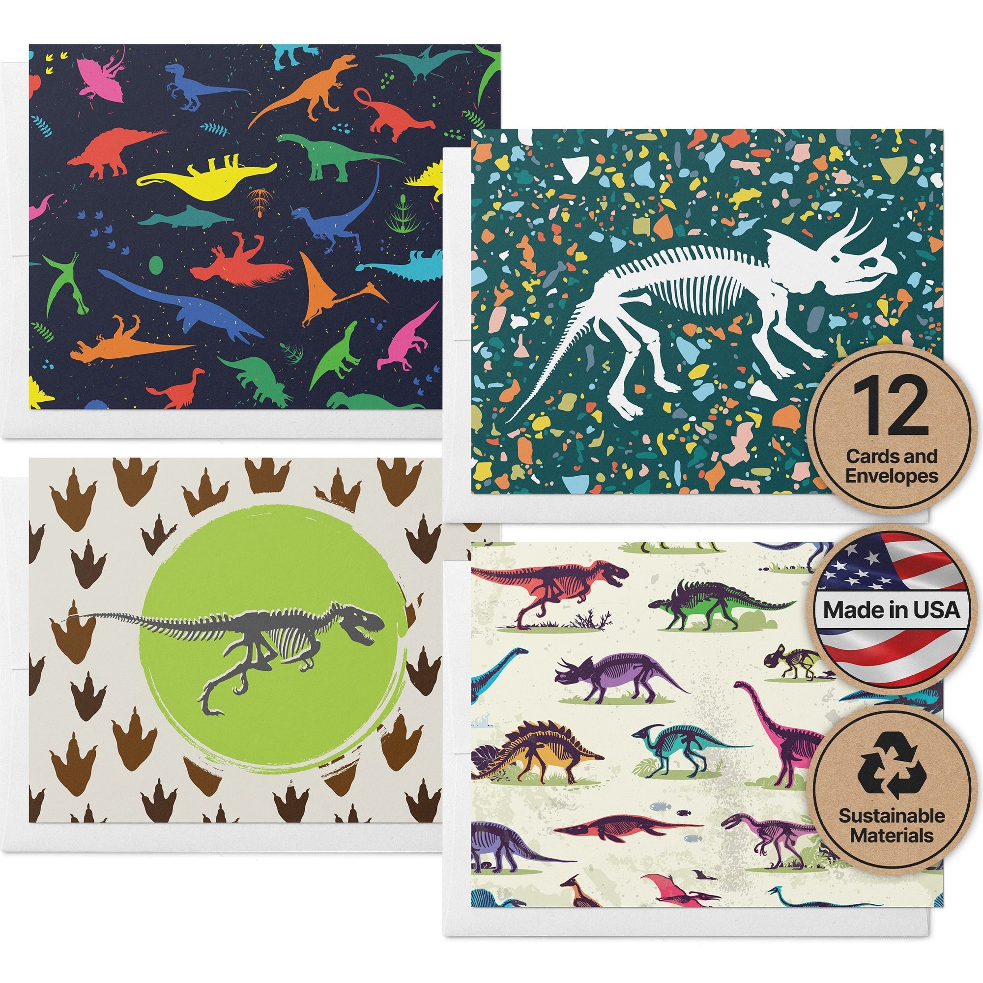 Jurassic Joy Dinosaur Greeting Cards for Kids with Envelopes - Set of 12