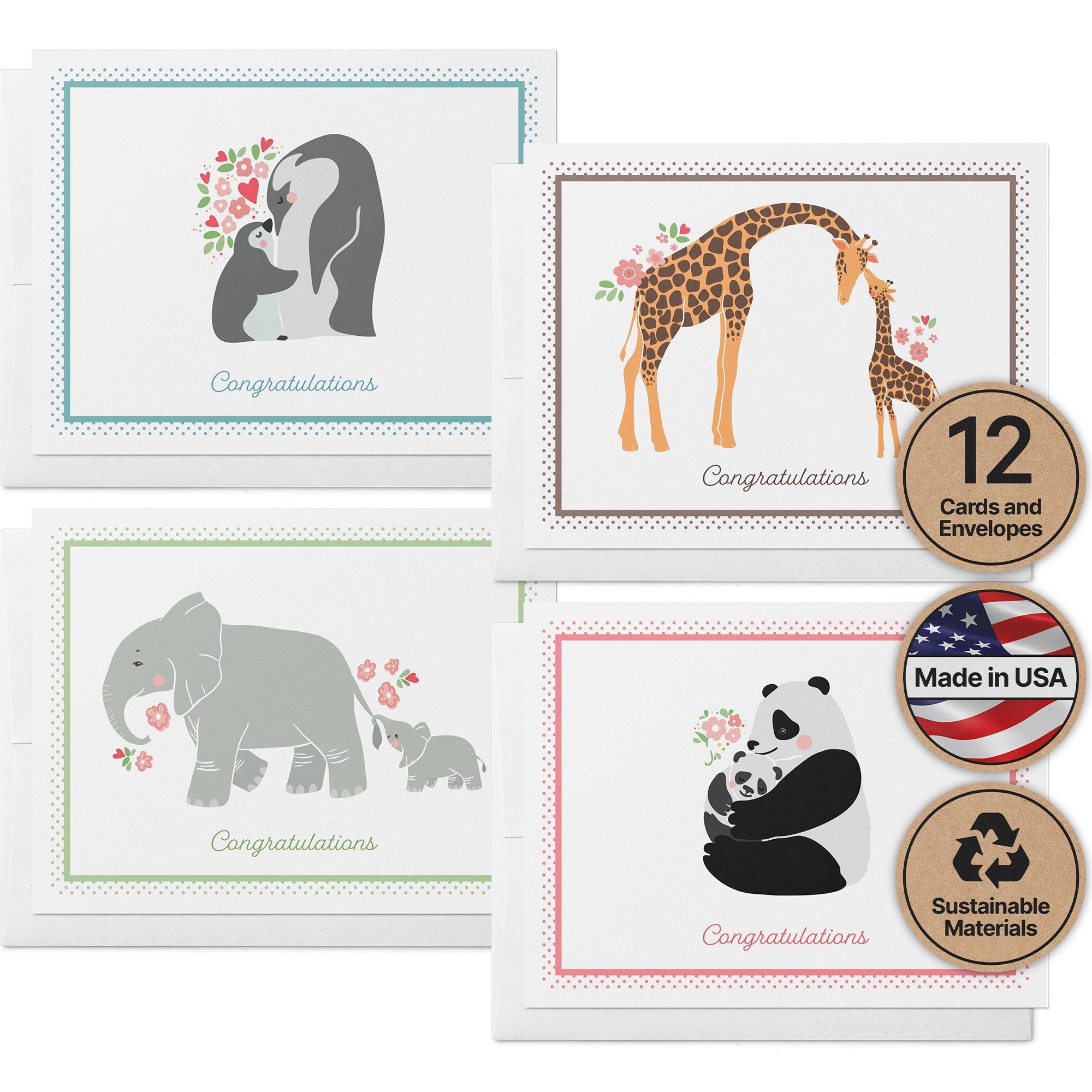Mother & Baby Animal Congratulations Cards with Envelopes - Set of 12