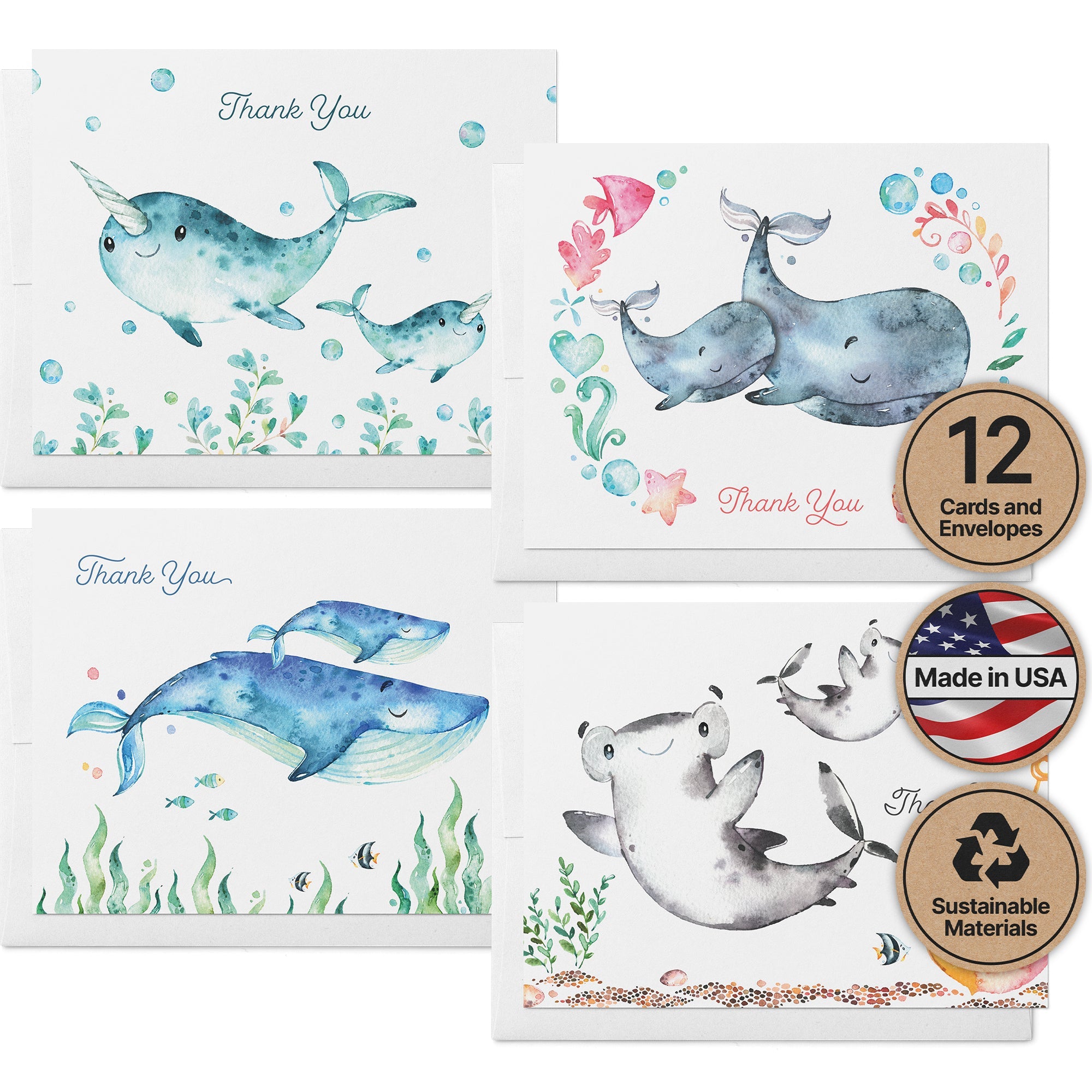 Ocean Tidings Sea Life Thank You Cards with Envelopes - Set of 12