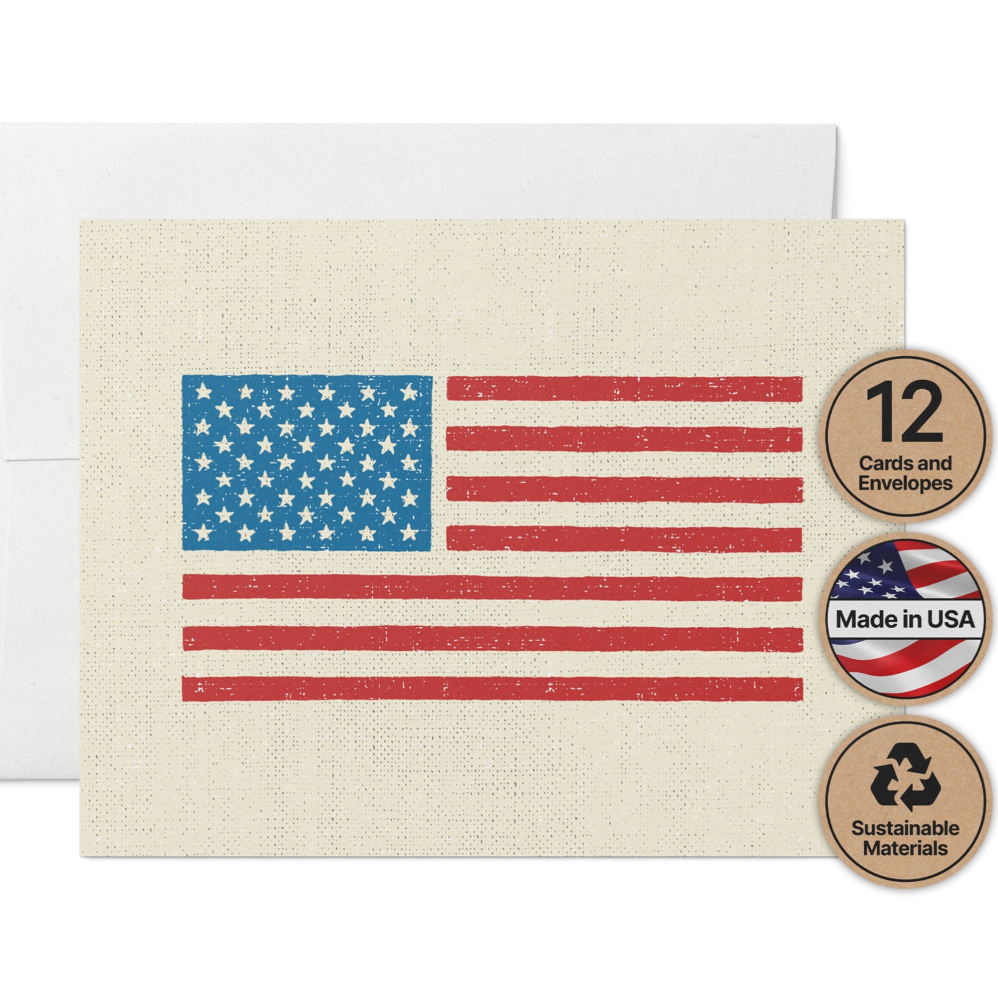 Old Glory American Flag Note Cards with Envelopes - Set of 12