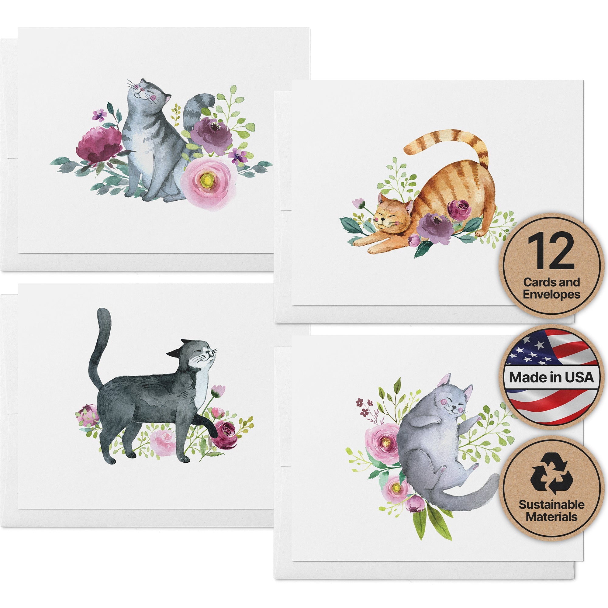 Playful Cats Watercolor Cat Greeting Cards with Envelopes - Set of 12