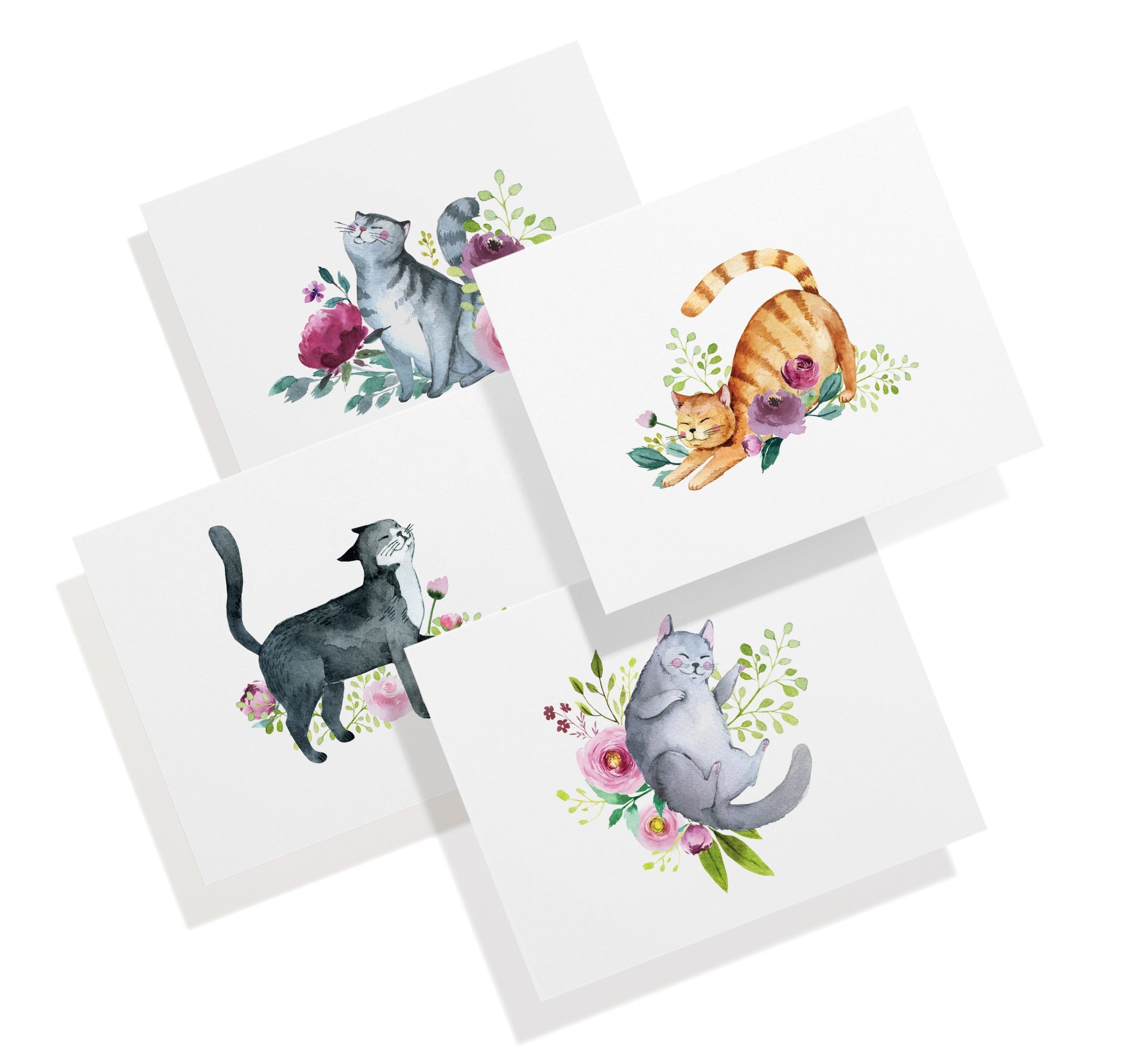 Playful Cats Watercolor Cat Greeting Cards with Envelopes - Set of 12