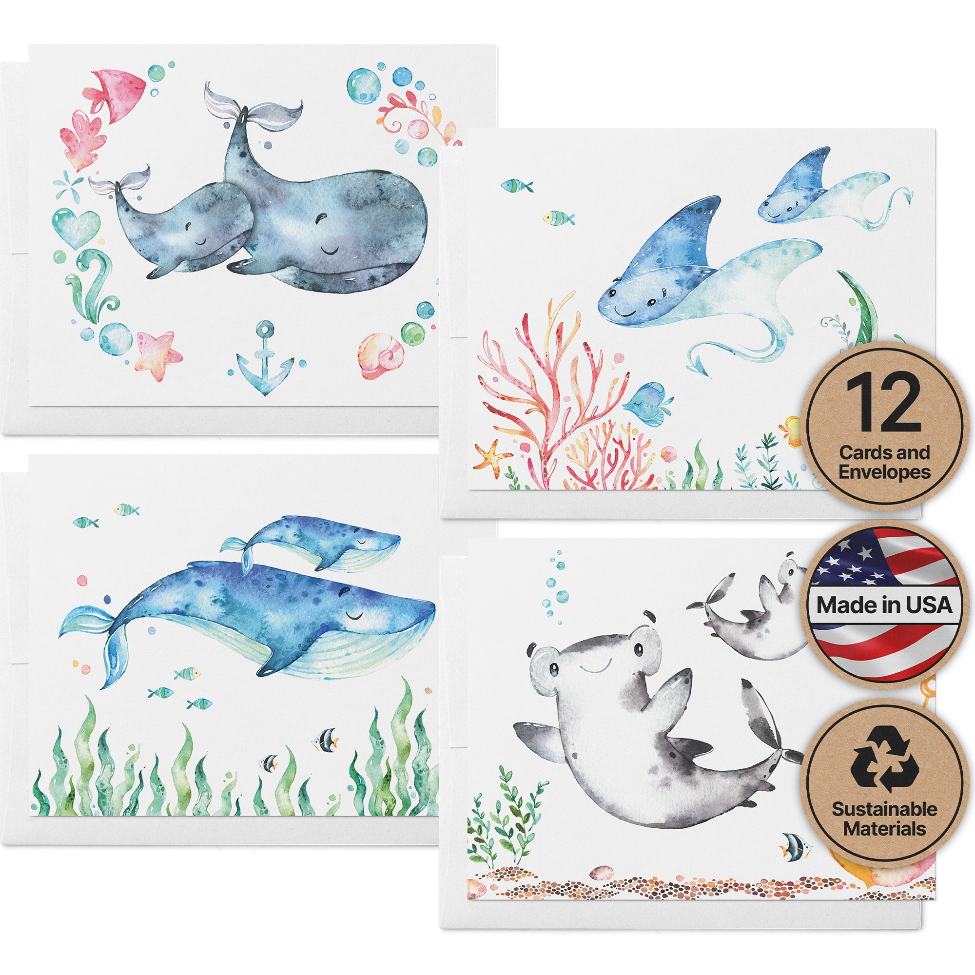 Sea Life Wonders Ocean Baby Shower Cards with Envelopes - Set of 12