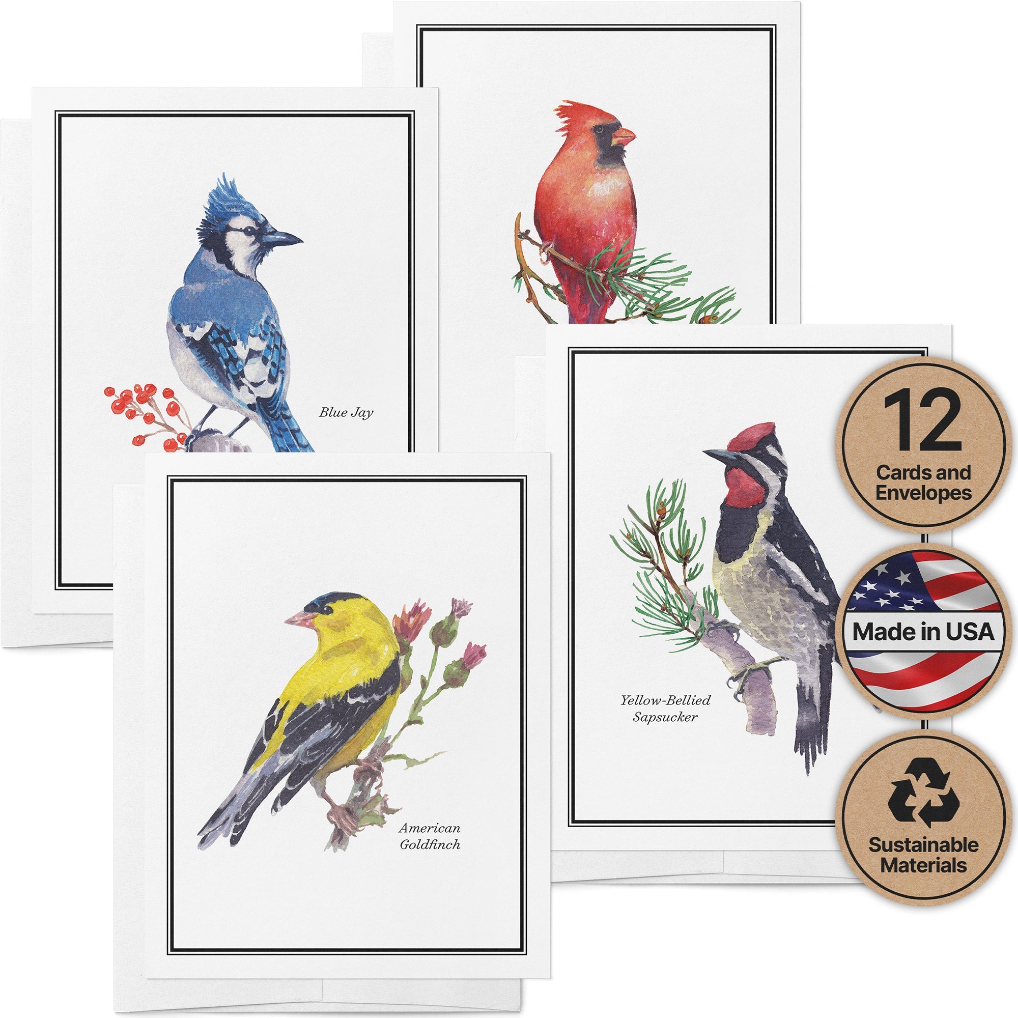 Vintage Birds Watercolor Greeting Cards with Envelopes - Set of 12