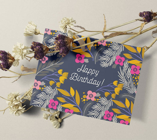 Happy Birthday Flowers Greeting Cards set between a branch of dried flowers