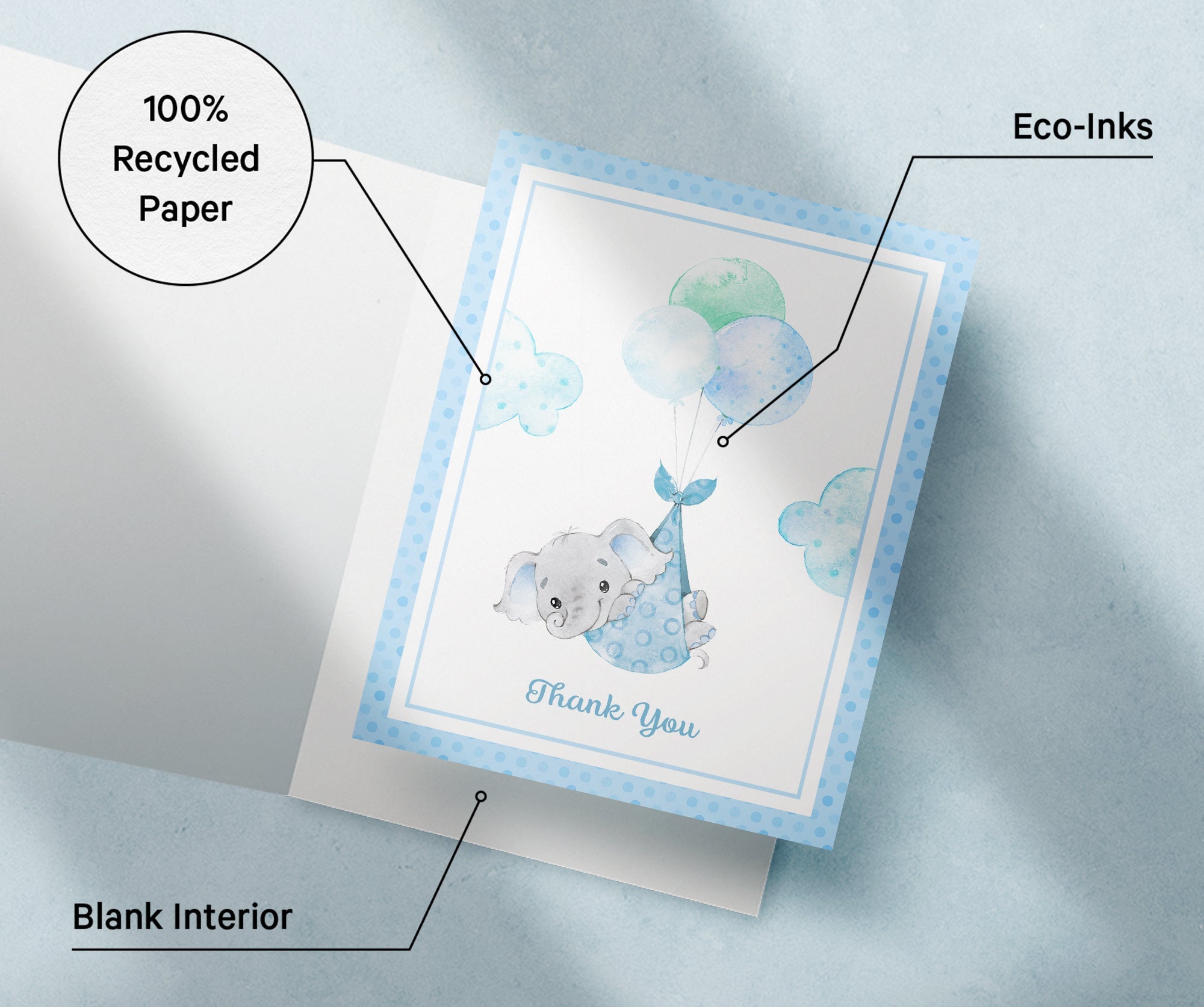 Baby Boy Elephant Baby Shower Thank You Cards with Envelopes - Set of 12