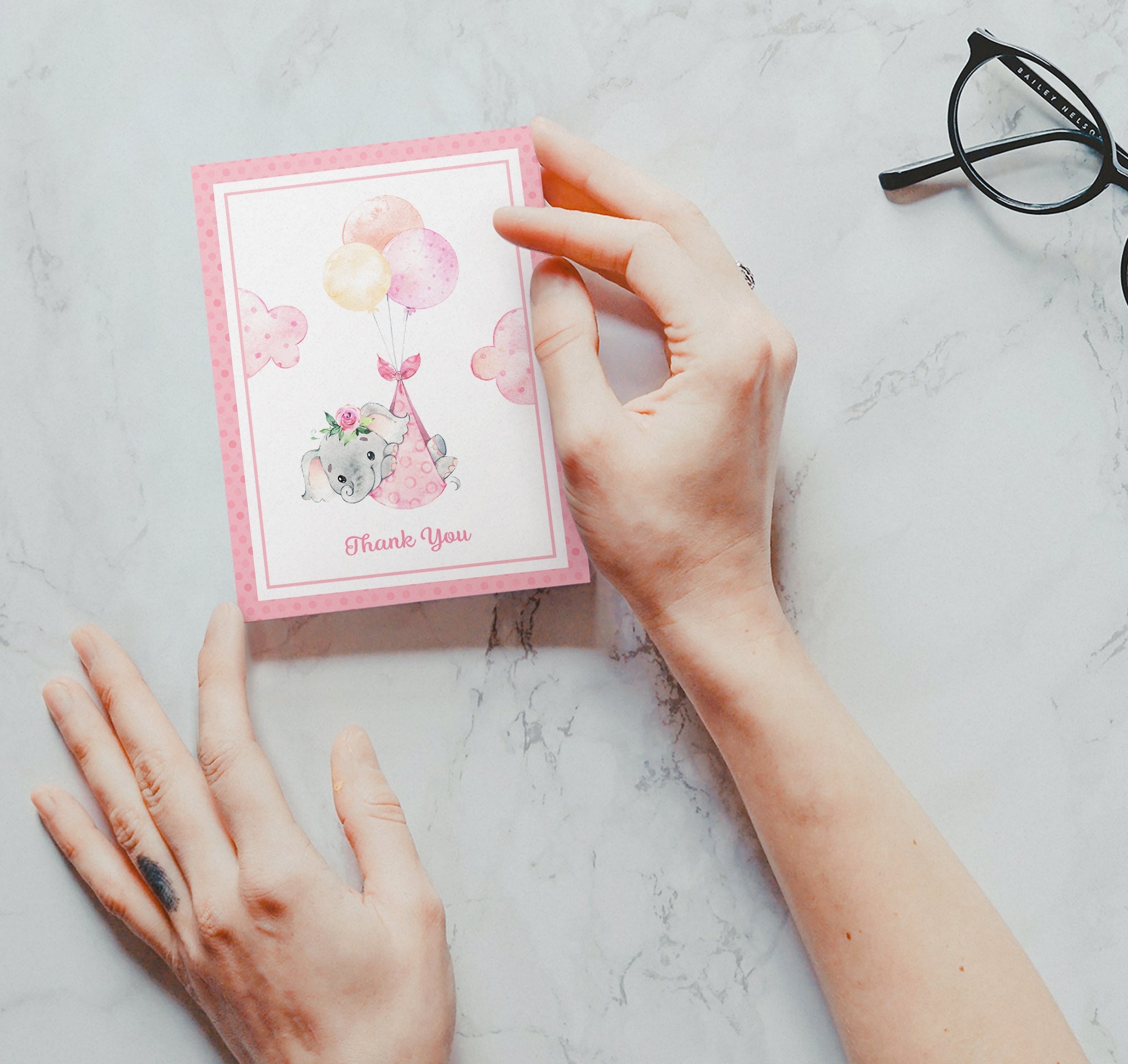 Baby Girl Elephant Baby Shower Thank You Cards with Envelopes - Set of 12