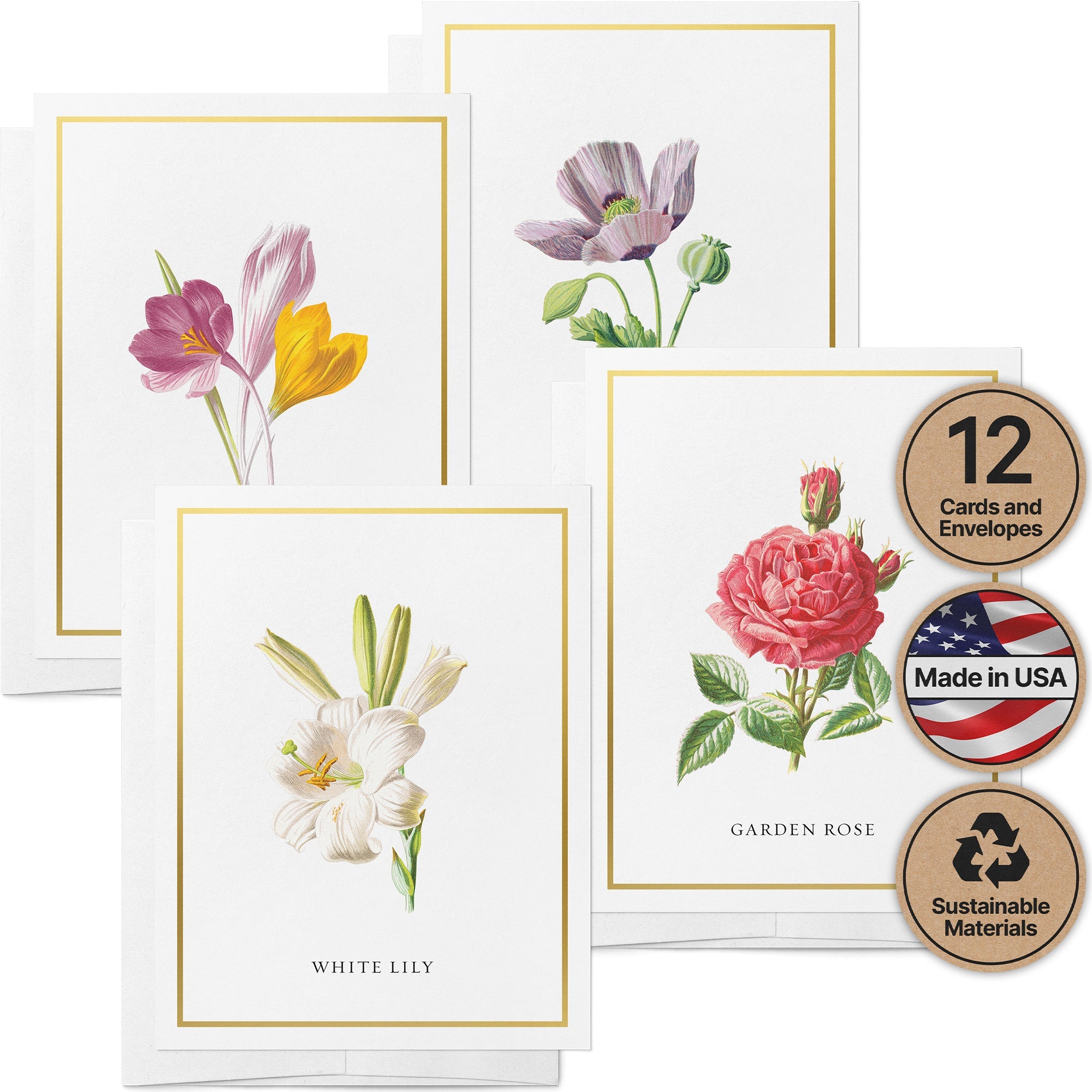Botanical Beauty Garden Flower Greeting Cards with Envelopes - Set of 12
