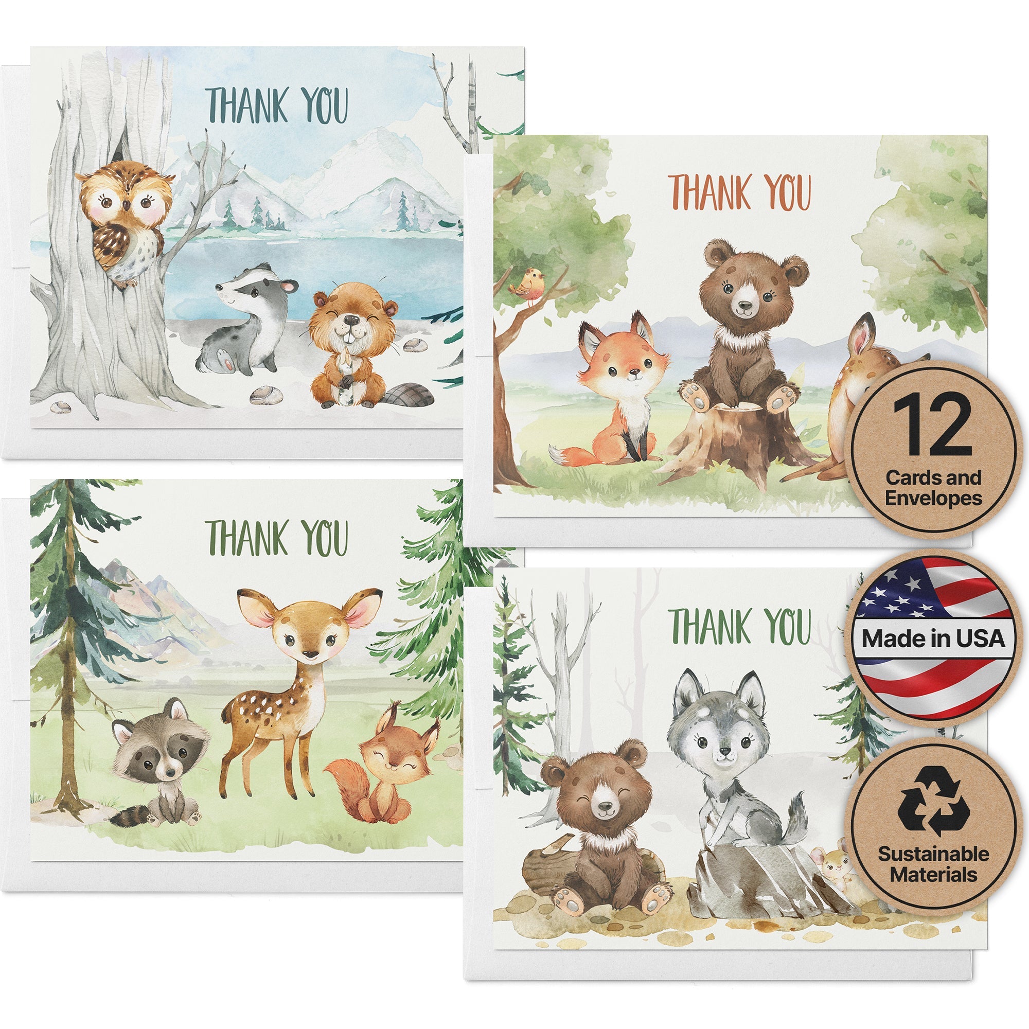 Forest Friends Woodland Animal Thank You Cards with Envelopes - Set of 12