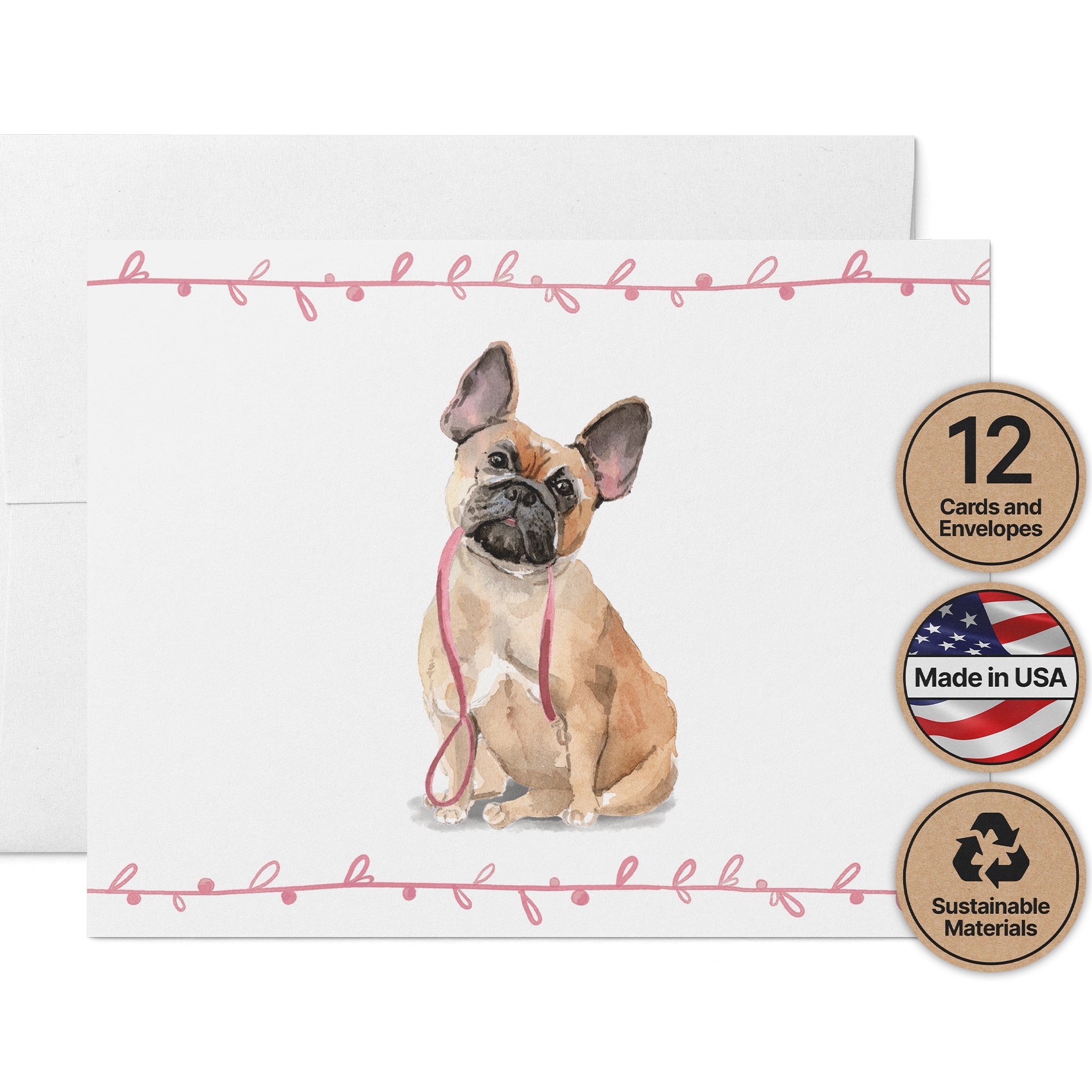 French Bulldog Watercolor Dog Greeting Cards with Envelopes - Set of 12