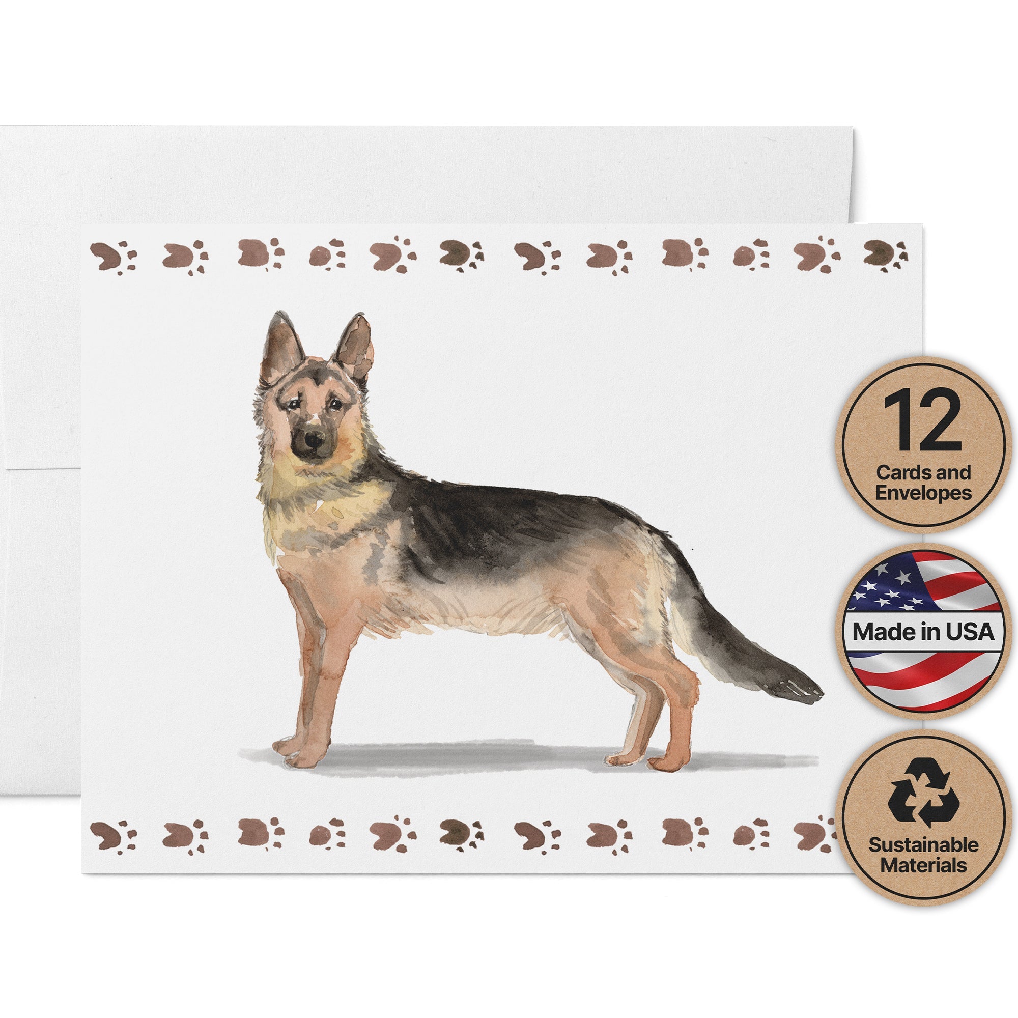 German Shepherd Watercolor Dog Greeting Cards with Envelopes - Set of 12
