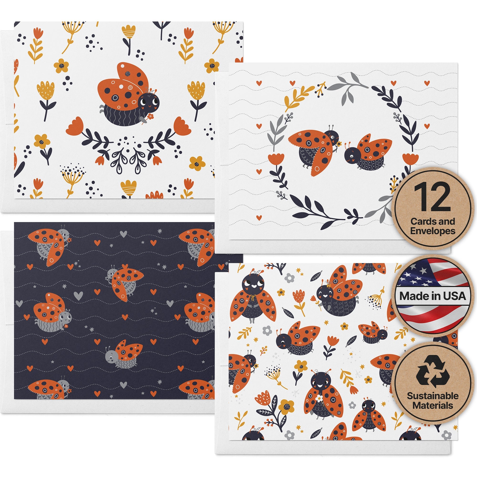 Little Ladybugs Greeting Cards with Envelopes - Set of 12