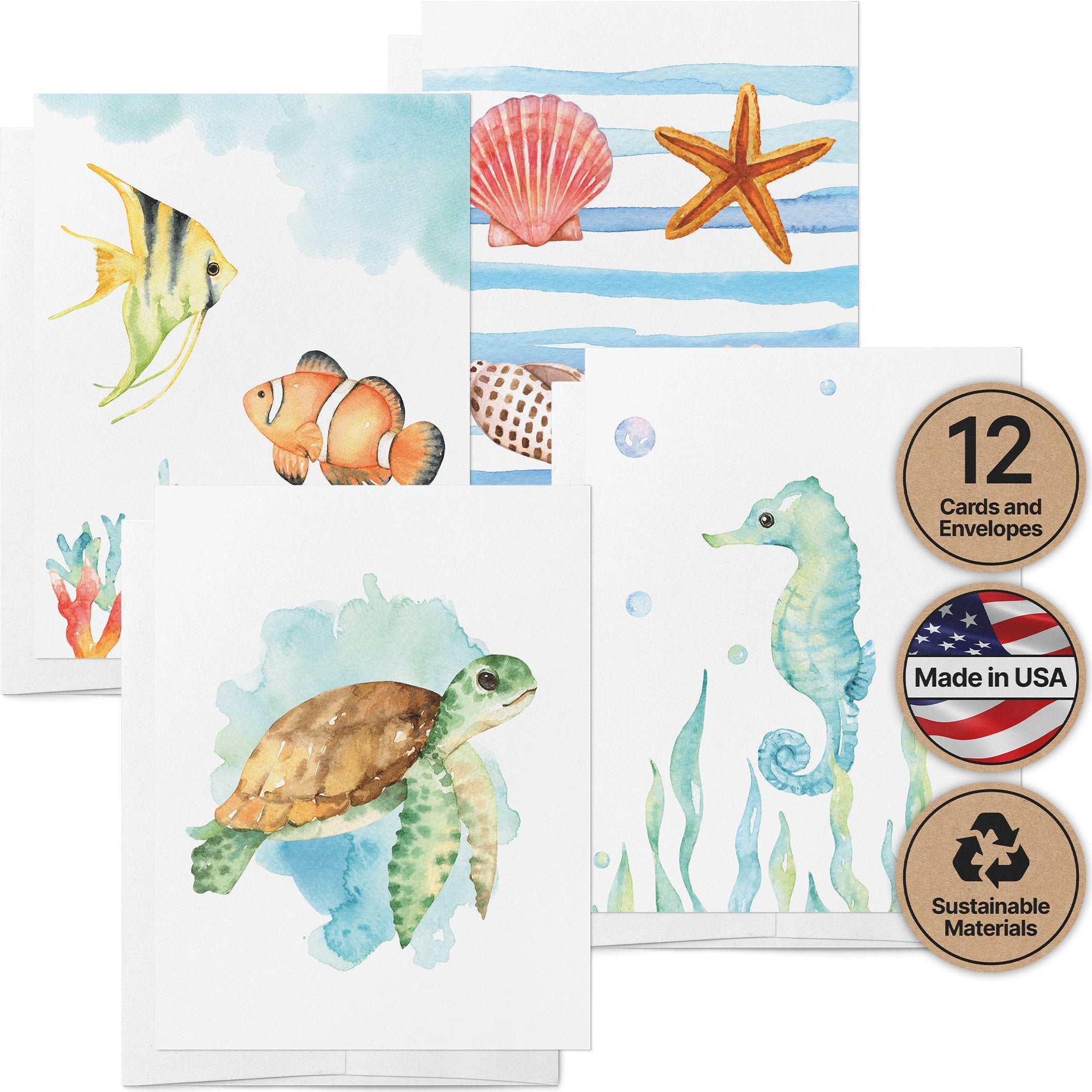 Marine Wonders Ocean Animal Greeting Cards with Envelopes - Set of 12