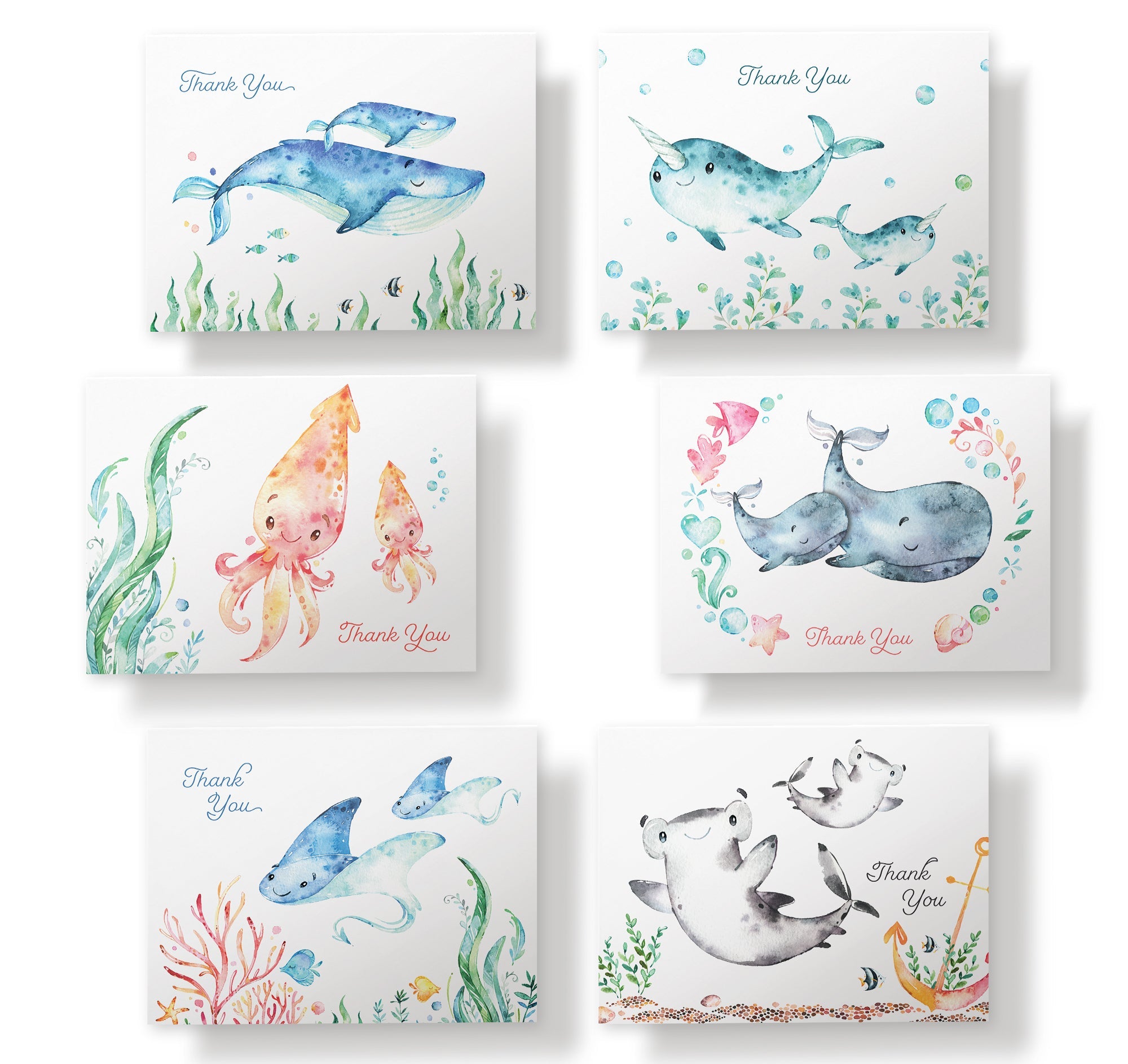 Ocean Tidings Sea Life Thank You Cards with Envelopes - Set of 12
