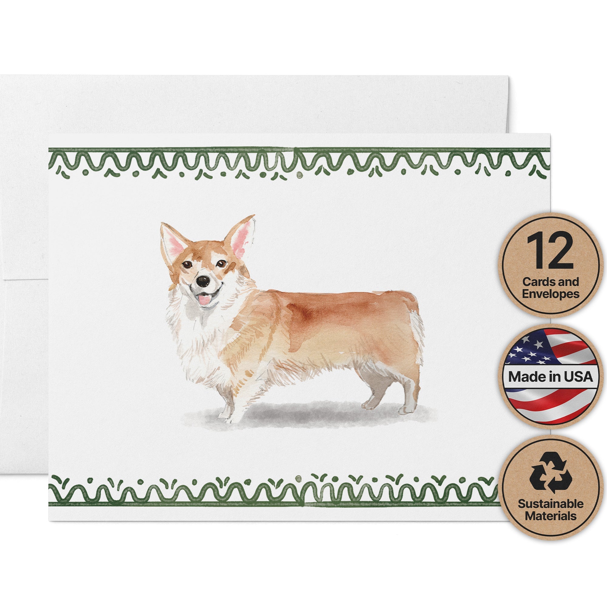 Pembroke Welsh Corgi Watercolor Dog Greeting Cards with Envelopes - Set of 12