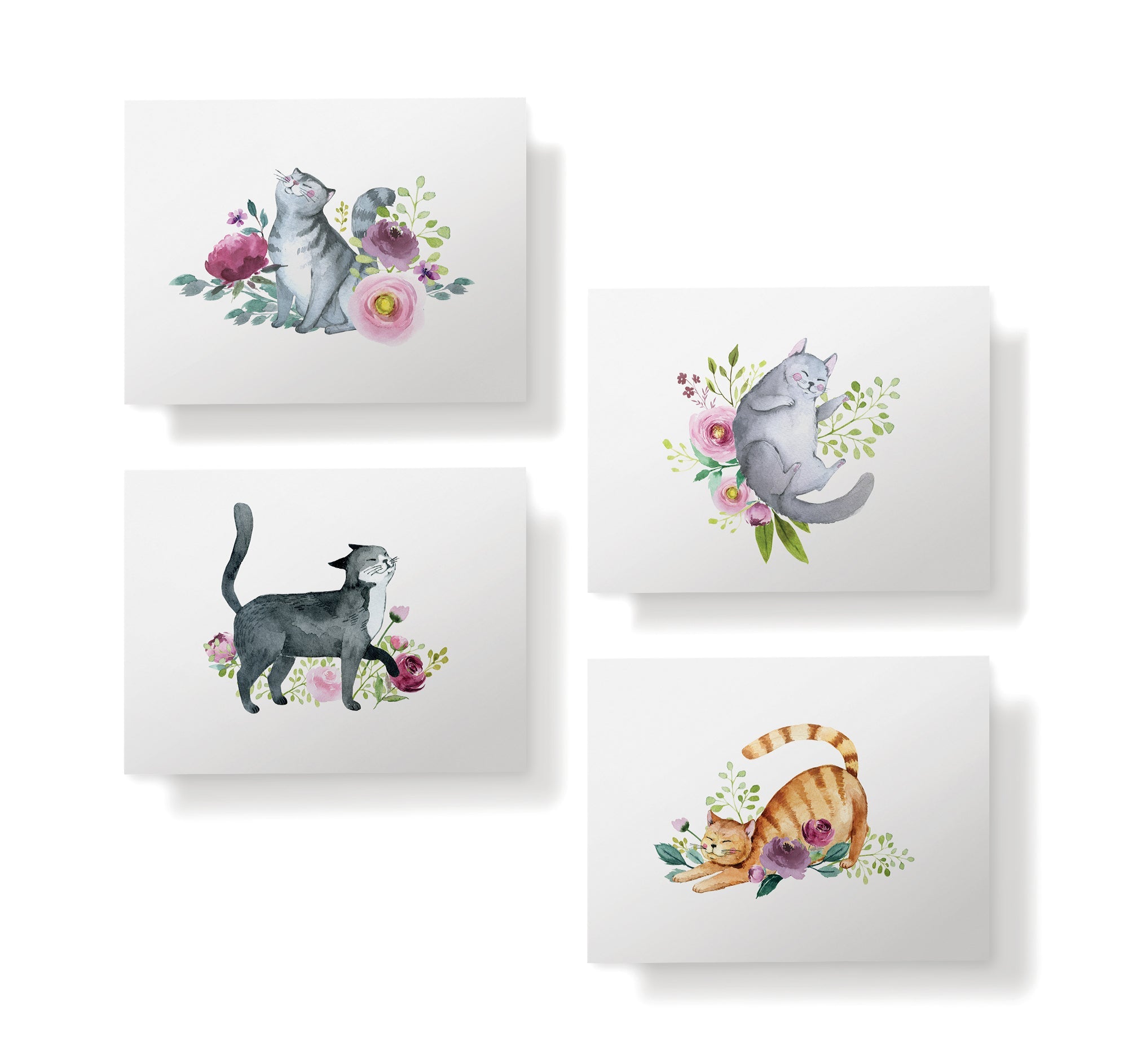 Playful Cats Watercolor Cat Greeting Cards with Envelopes - Set of 12