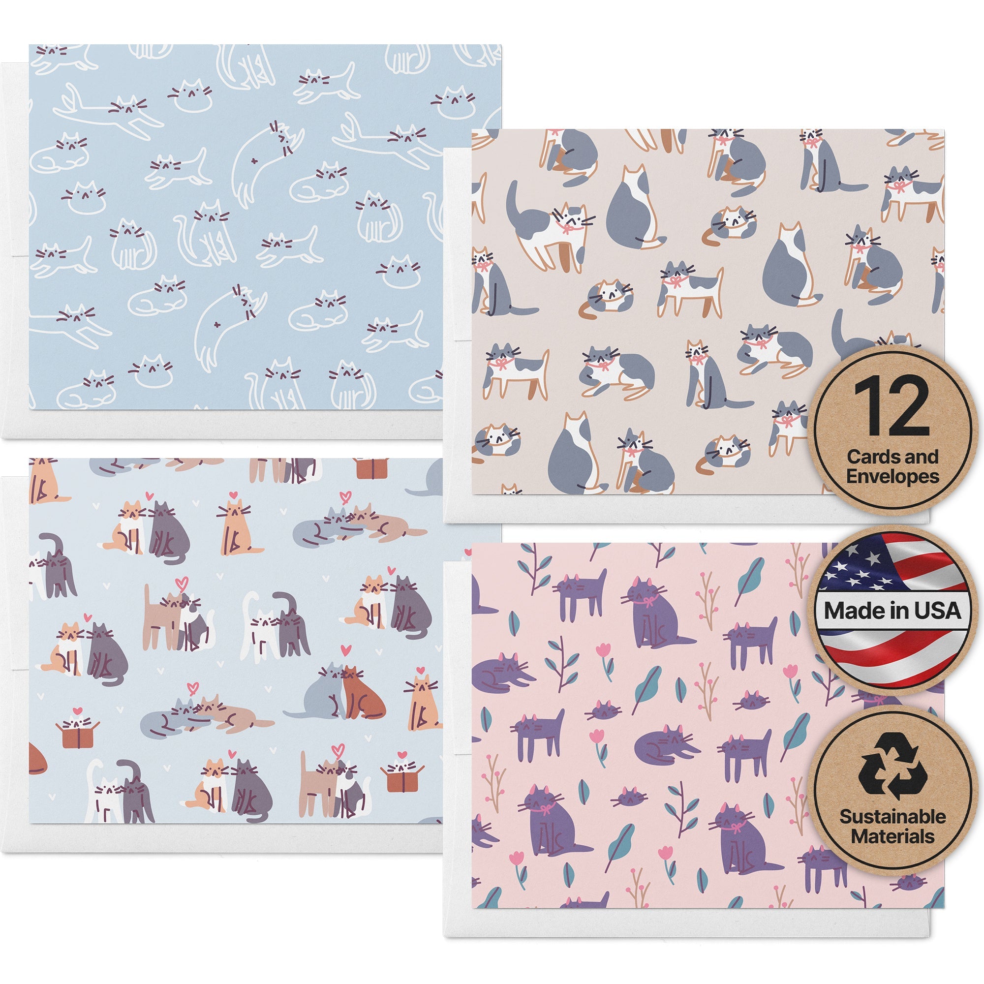 Purr-fect Patterns Cat Greeting Cards with Envelopes - Set of 12
