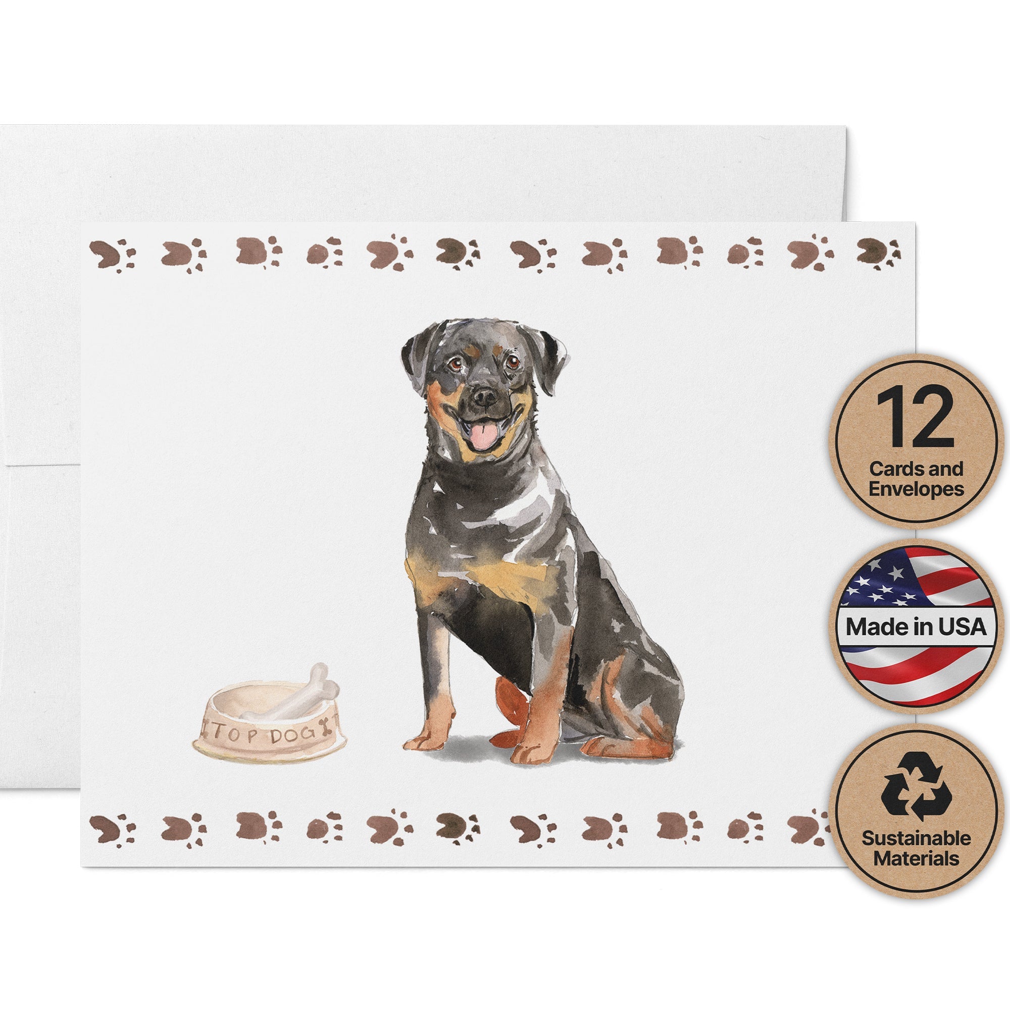 Rottweiler Watercolor Dog Greeting Cards with Envelopes - Set of 12