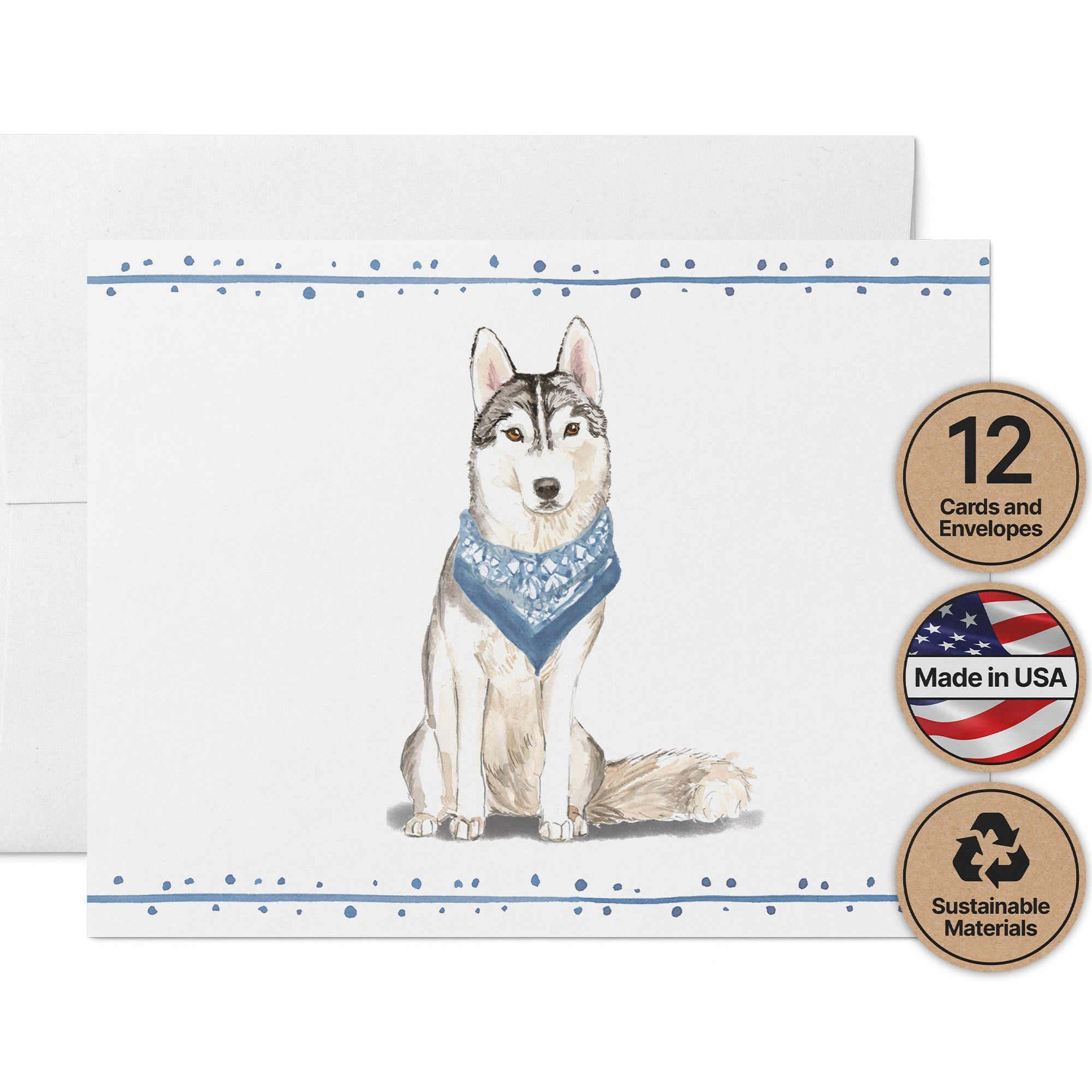 Siberian Husky Watercolor Dog Greeting Cards with Envelopes - Set of 12