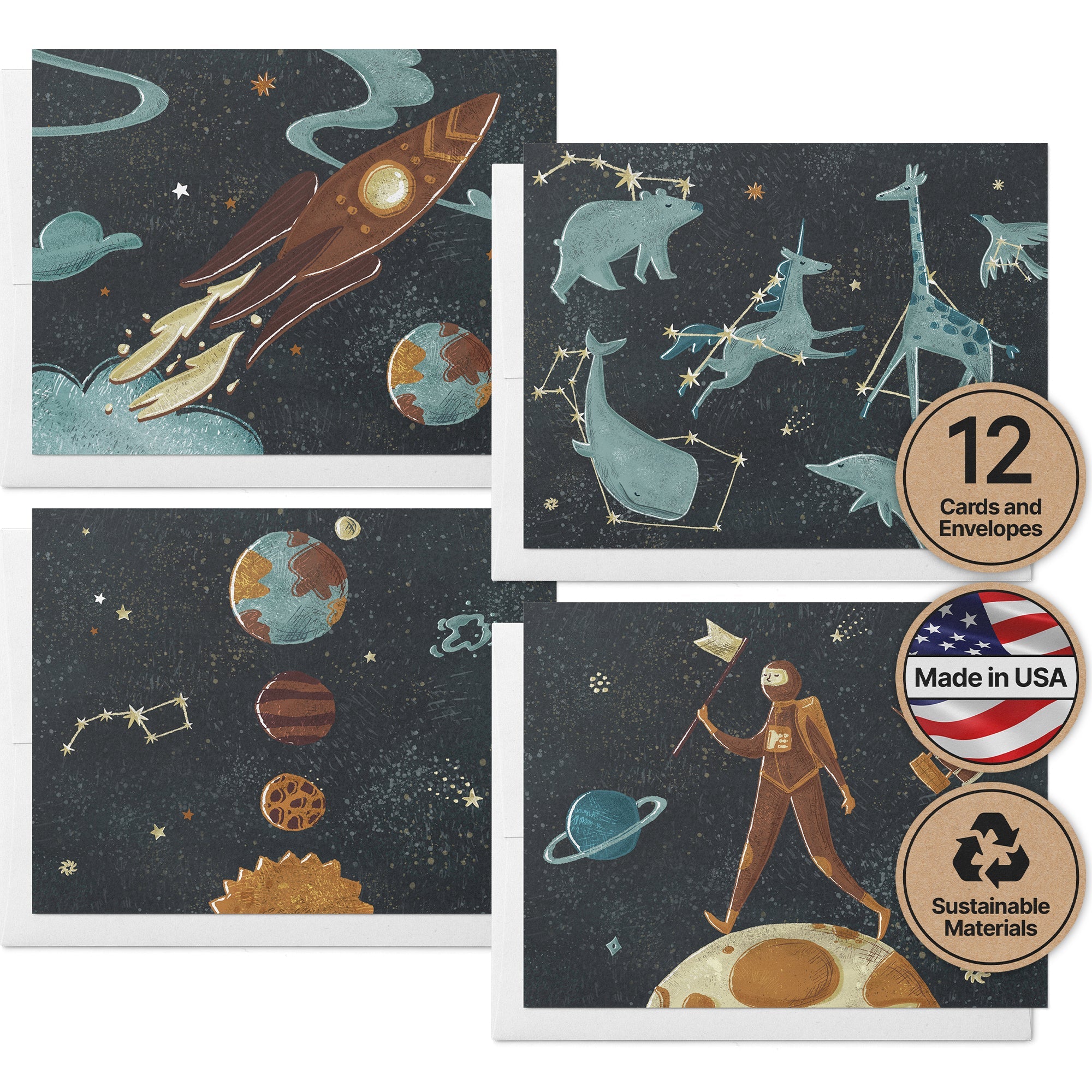 Space Odyssey Outer Space Greeting Cards for Kids with Envelopes - Set of 12