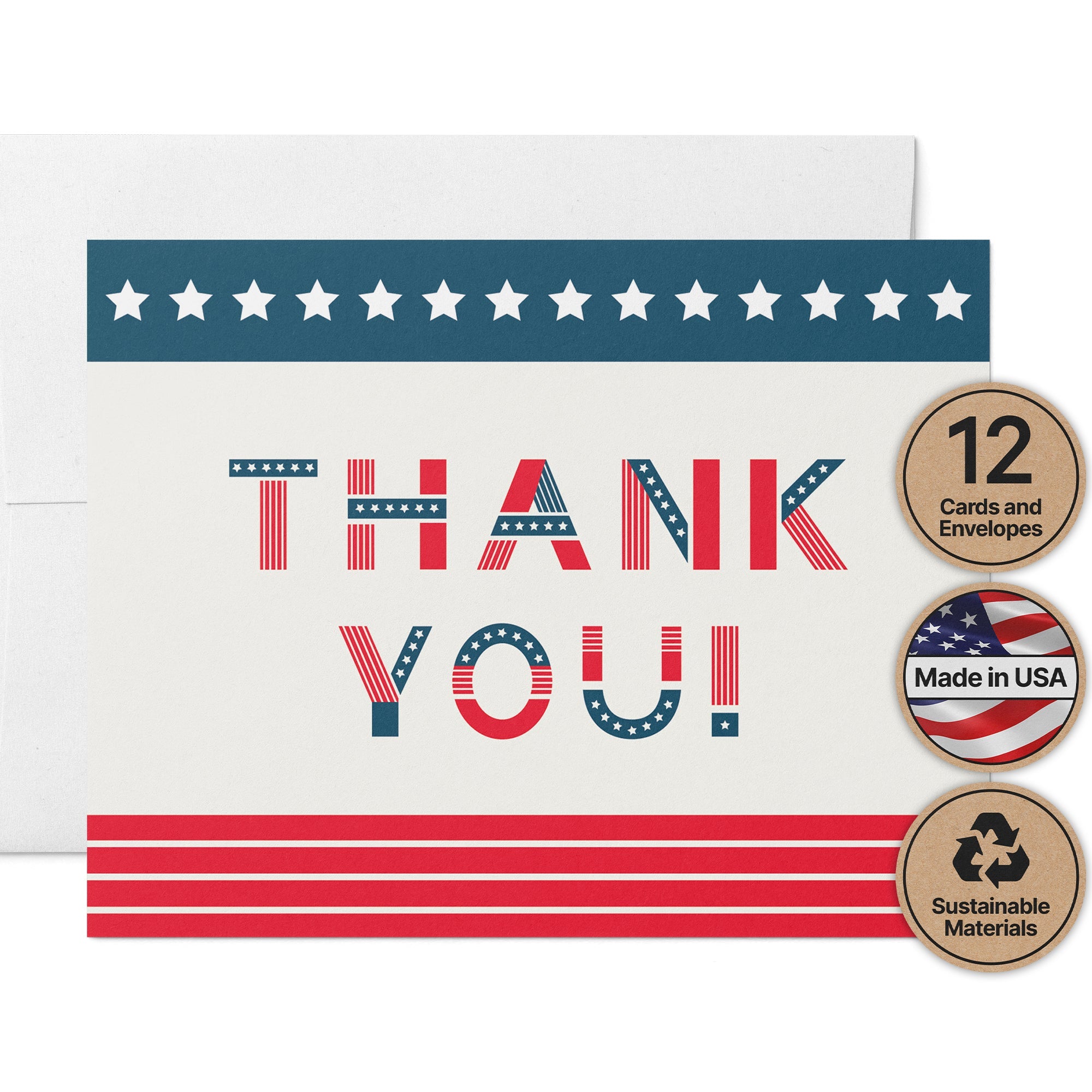 Stars & Stripes Patriotic Thank You Cards with Envelopes - Set of 12