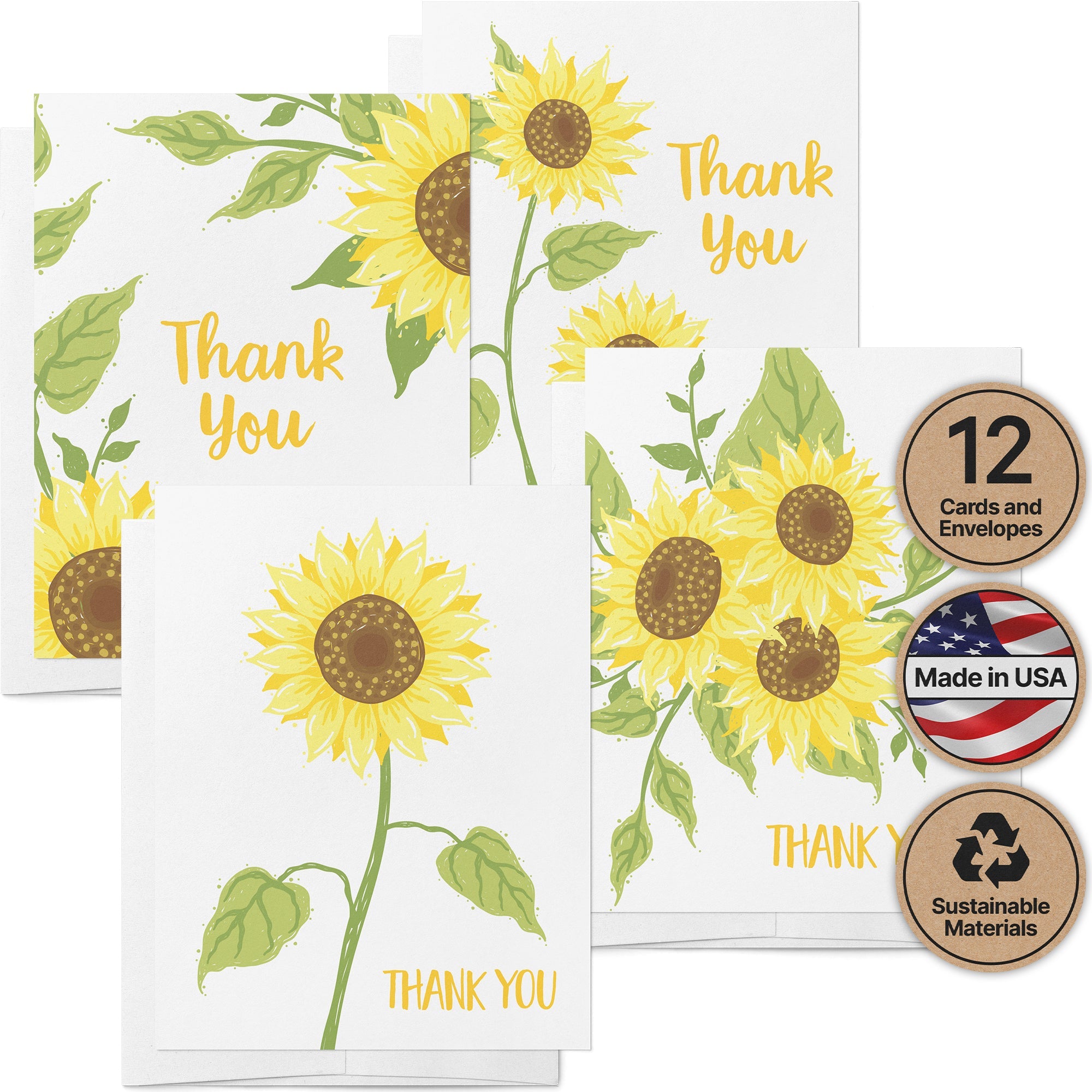 Sunflower Gratitude Floral Thank You Cards with Envelopes - Set of 12