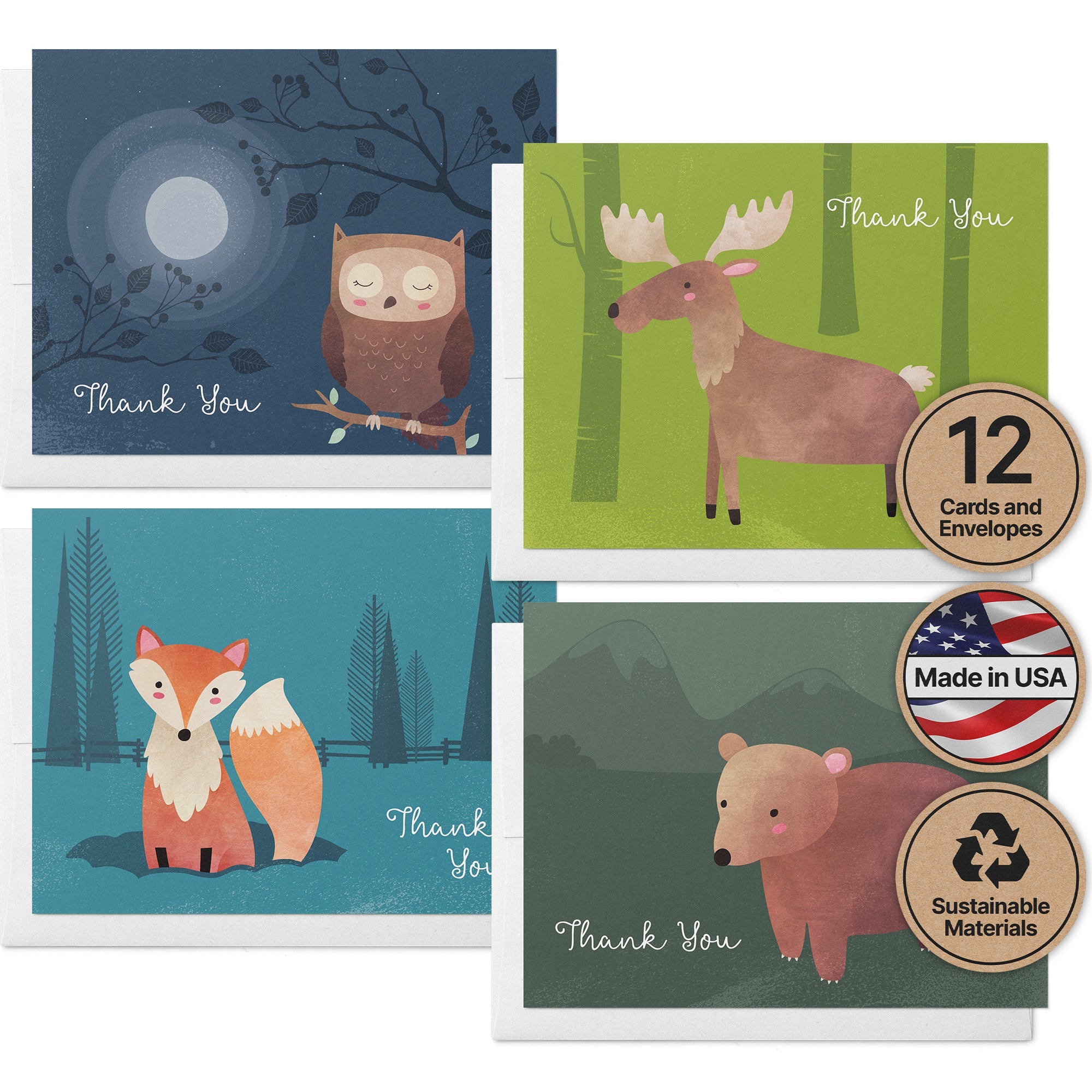 Woodland Critters Animal Greeting Cards with Envelopes - Set of 12