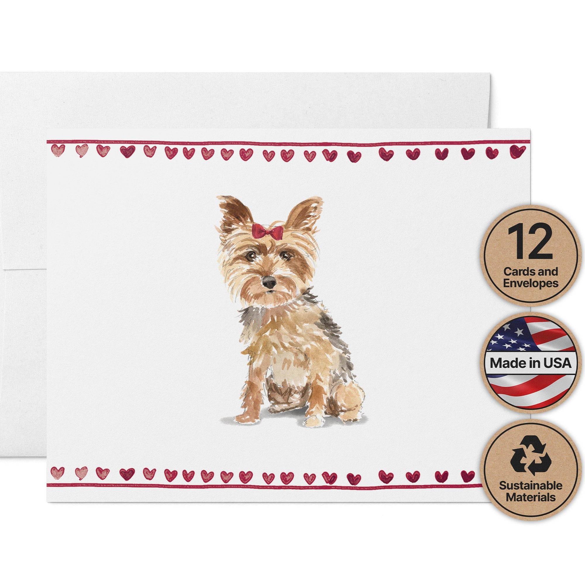 Yorkshire Terrier Watercolor Dog Greeting Cards with Envelopes - Set of 12